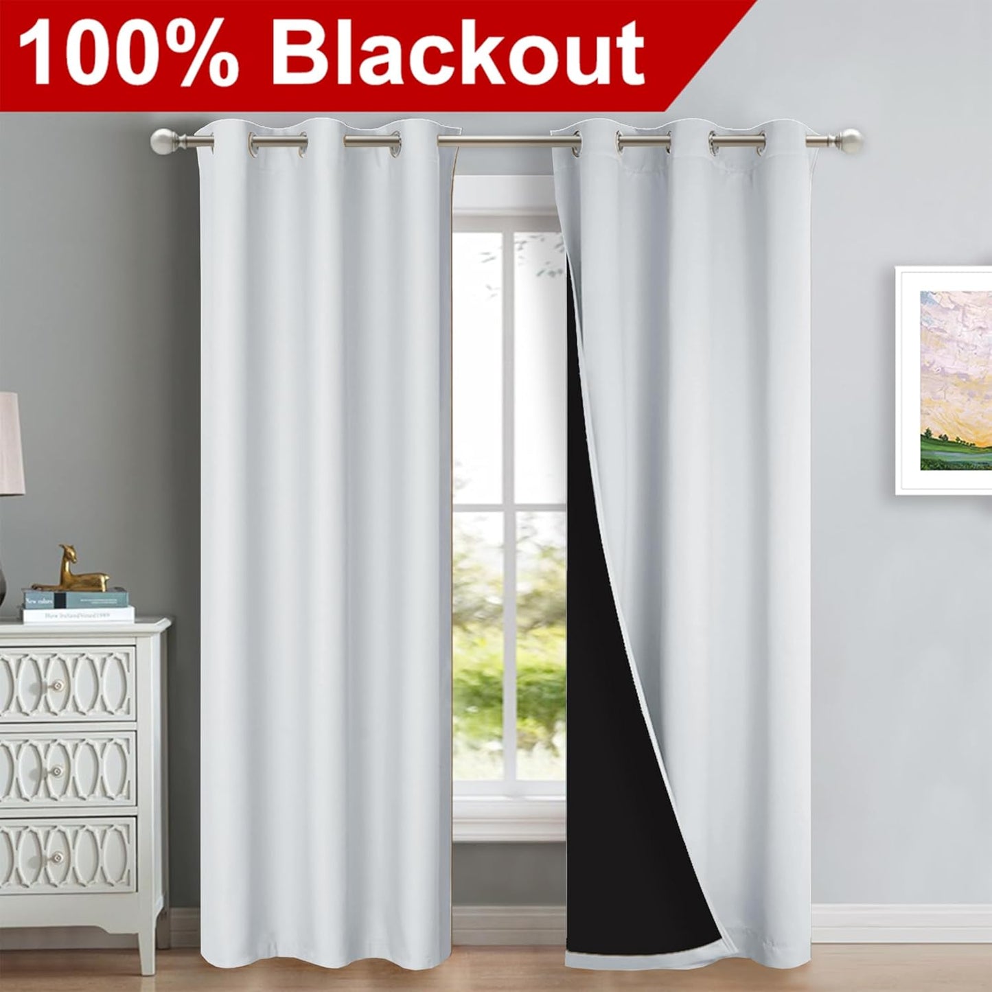 NICETOWN Blackout Curtains 80 inches Long, 2 Pieces, 42" Wide Each Panel, Greyish White, Full Light Blocking Drapes with Black Liner for Nursery, Thermal Insulated Draperies for Hall, Villa