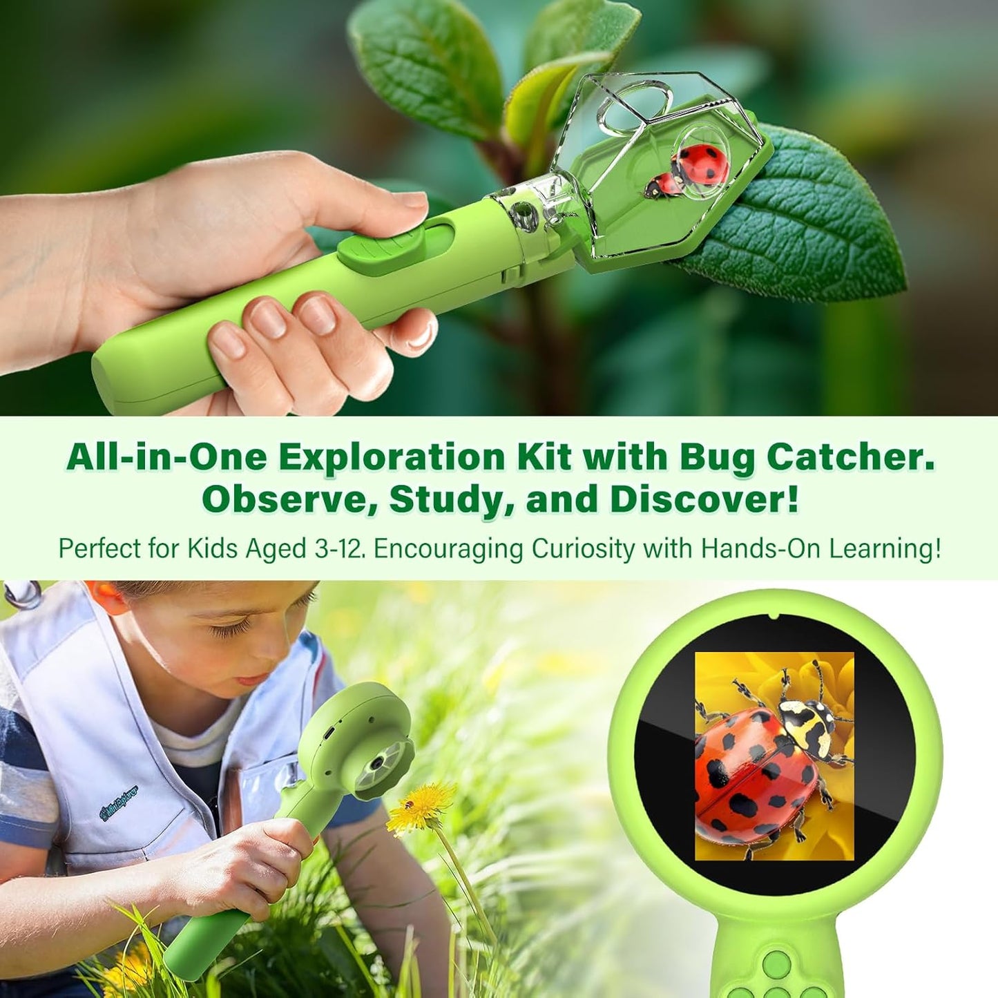 Microscope for Kids with Bug Catcher, Digital Portable Handheld 500X 1080P HD Kids Microscopes Kit,STEM Science Educational Learning Toys Gifts for 3-15 Boys Girls(Microscope Kit Green)