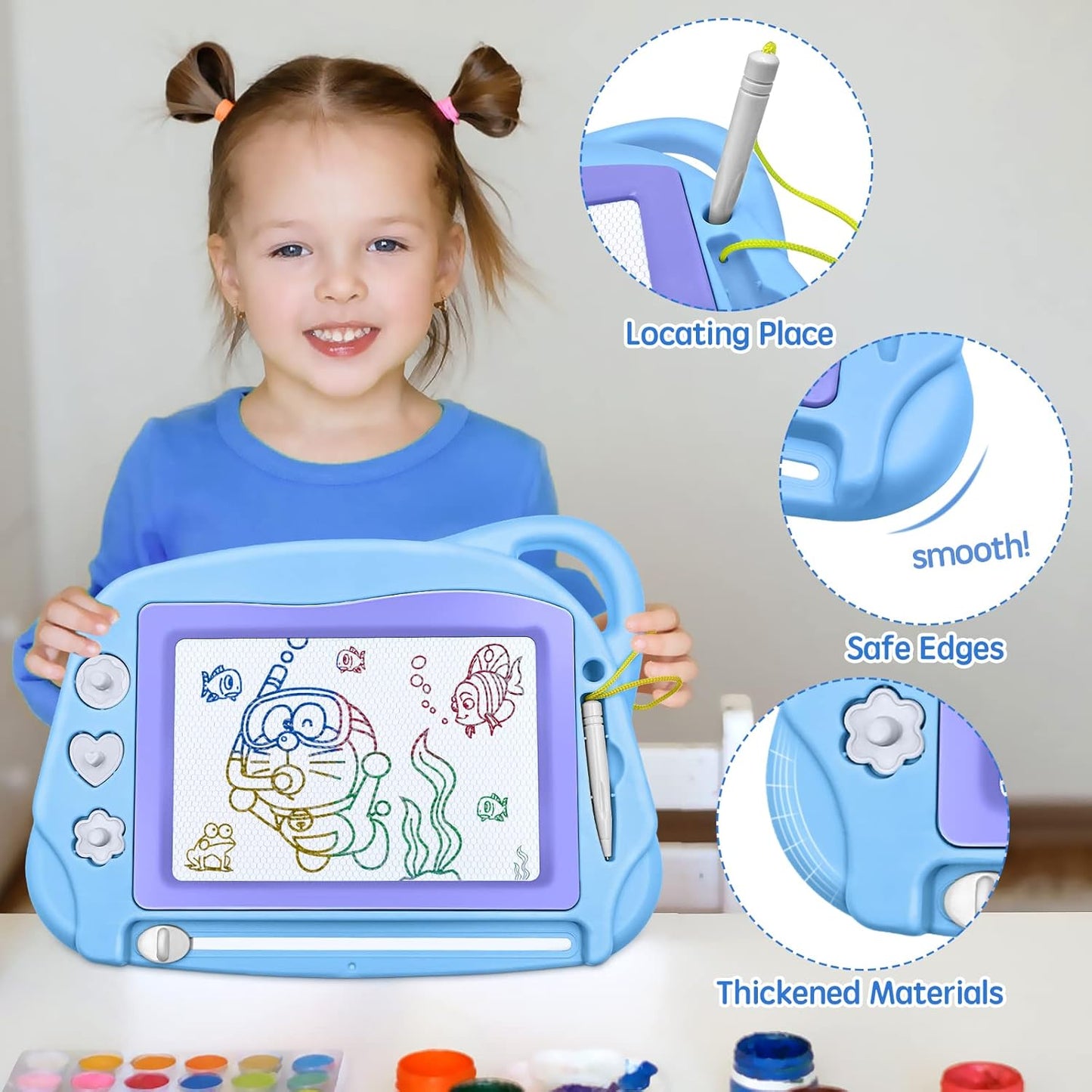 AiTuiTui Magnetic Drawing Board Mini Travel Doodle, Erasable Writing Sketch Colorful Pad Area Educational Learning Toy for Kid/Toddlers/Babies with 3 Stamps and 1 Pen (Sky Blue)