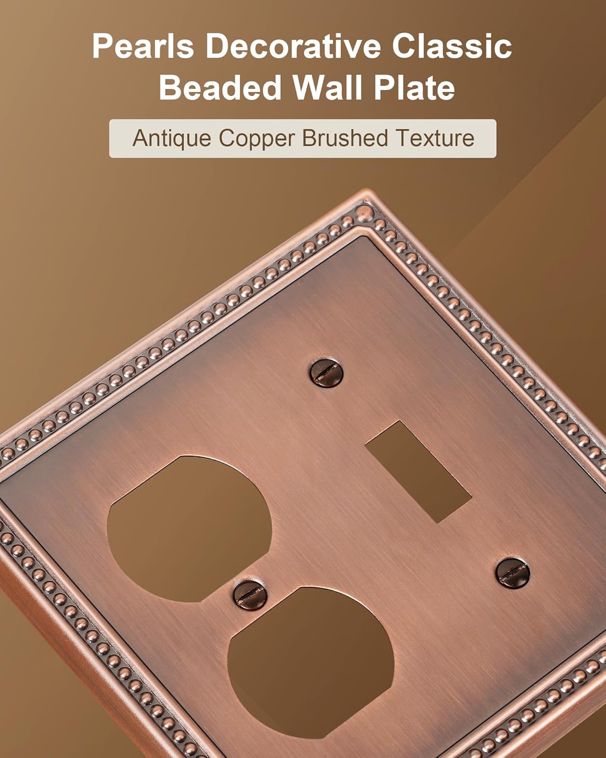 2-Pack Combo Toggle/Duplex Light Switch Cover Plate, Antique Copper Metal Wall Outlet Cover Plate, Decorative Classic Beaded Wall Socket Receptacle Cover for Electrical Outlets, Light Switch