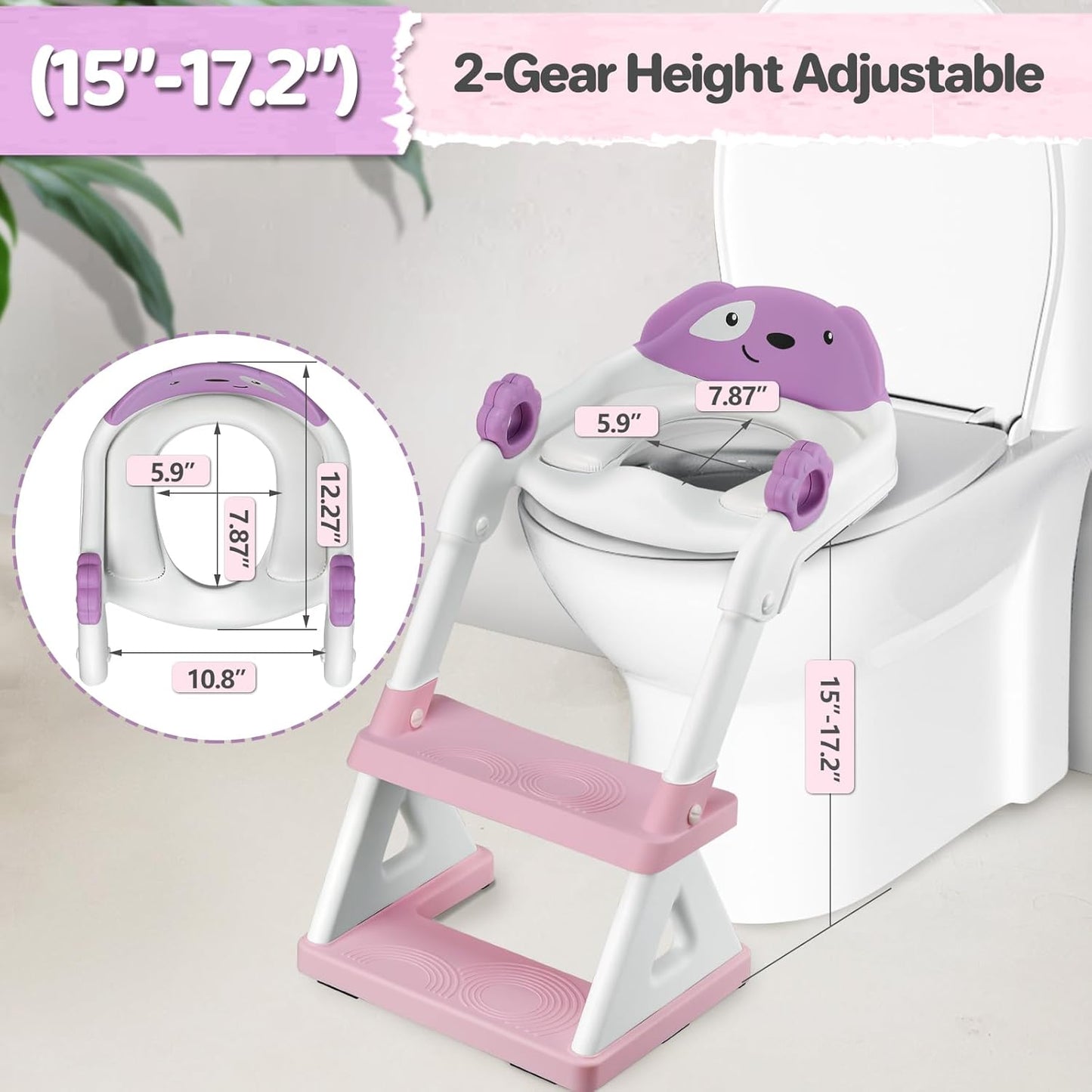 2 In 1 Potty Training Toilet Seat & Toddler Step Stool, Bottom Triangle Stability Toddler Toilet Seat, Adjustable Step & Seat Height Potty Seats for Toddlers Boys Girls (Purple)