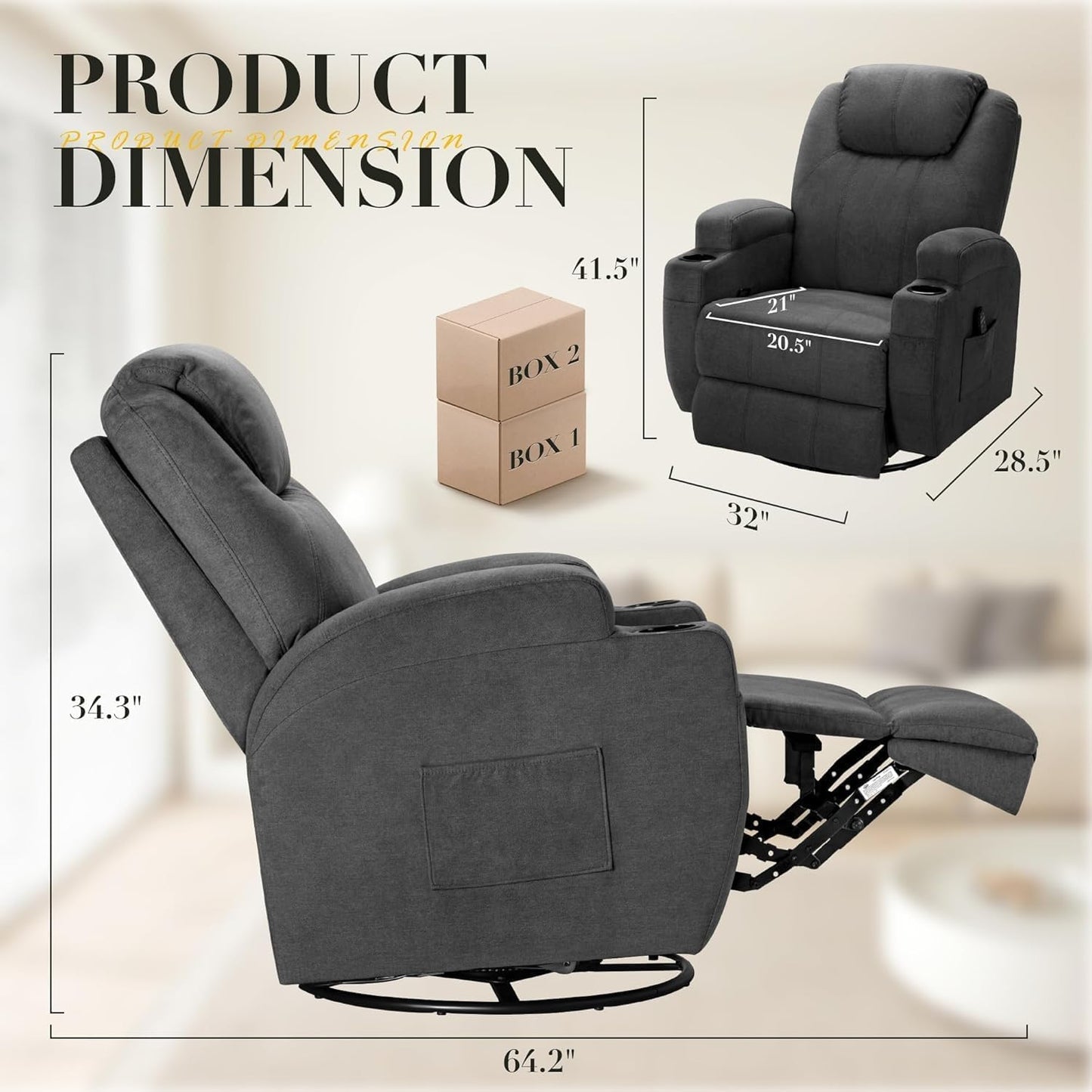 Recliner Chair, 360° Swivel Rocker Chair for Adults, Rocking Recliner Chair with Massage, Comfy Single Sofa with Side Pockets Cup Holders for Living Room, Bedroom, Nursery (Fabric, Dark Gray)