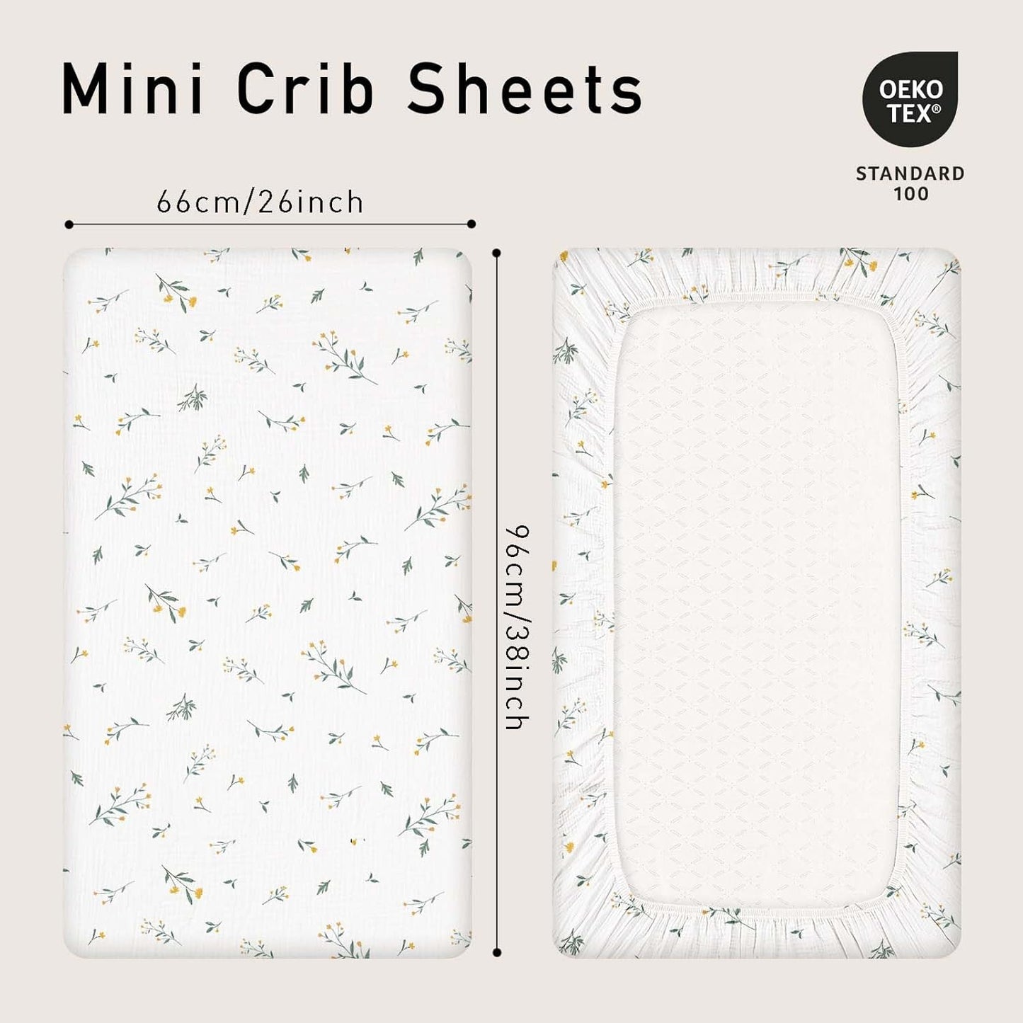 Gllquen Baby Muslin Mini Crib Sheets 3 Pack, Breathable Pack and Play Sheets Fitted Soft Cozy Cotton Pack N Play Sheets for Baby Boy Girls, Universal Fitted Mini Crib Mattresses 38"x26" (Green)