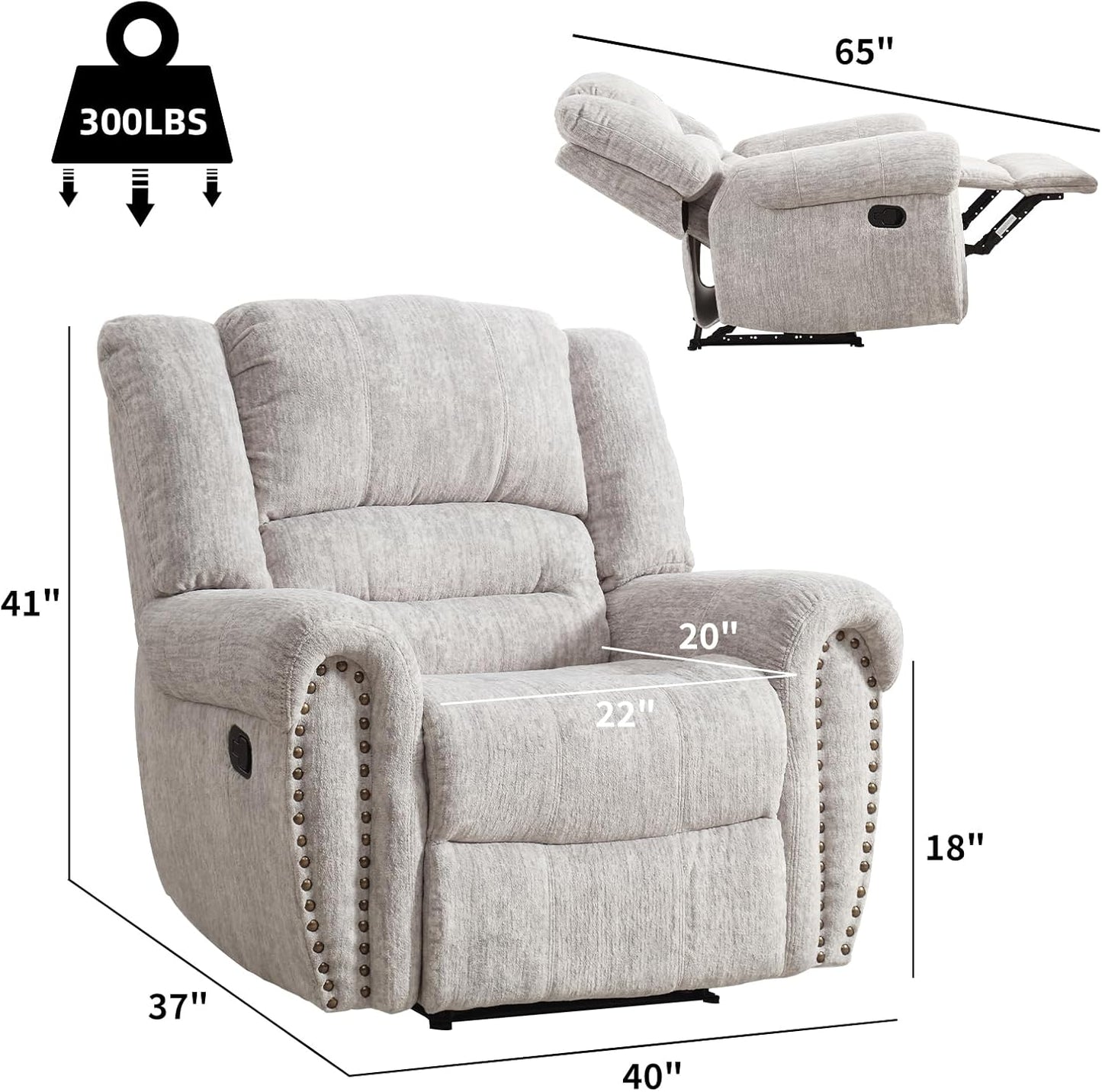 CANMOV Manual Recliner Chair, Classic and Traditional Manual Recliner Chair with Comfortable Arms and Back Single Sofa for Living Room, White Grey