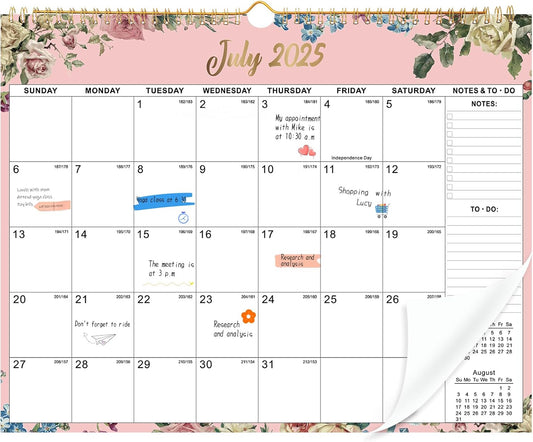 Wall Calendar 2025-2026, 18 Month Large Desk Calendar from July 2025 to December 2026 14.5" x 11.8" Monthly Calendar with Twin-Wire Binding for Home Office Planning Organisers, Flower Design
