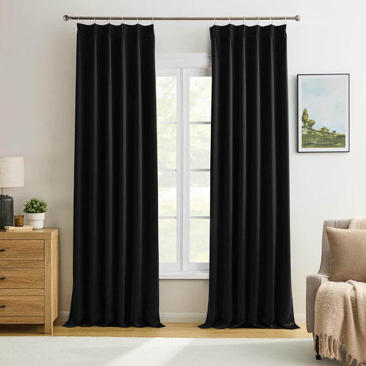 KEQIAOSUOCAI Black Blackout Curtains 150 Inches Long for Living Room Patio Door 2 Panels Set Room Darkening Pinch Pleated Extra Long Polyester Pinched Curtains Thermal Insulated Drapes 40 Wide
