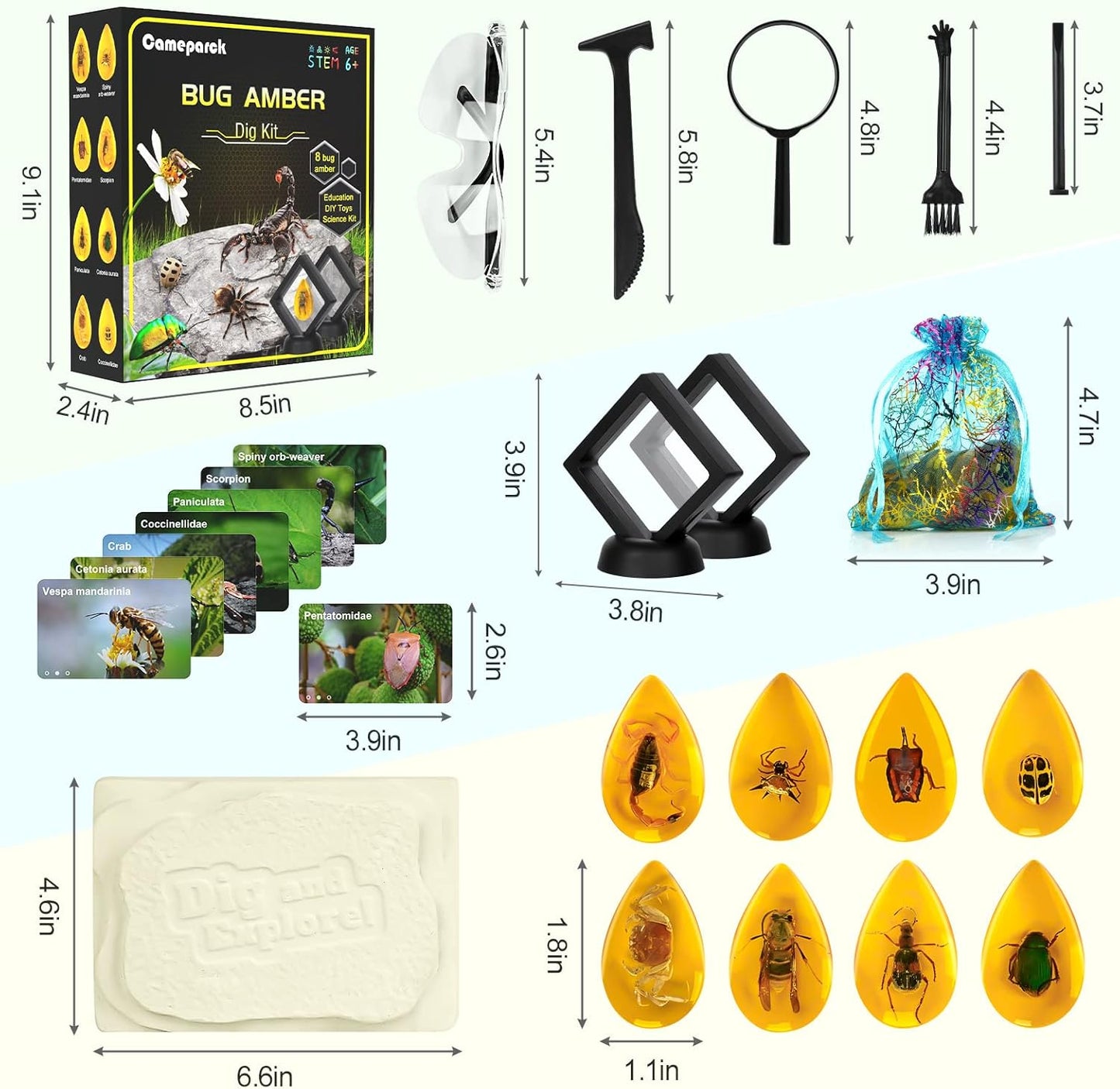 Bigger Amber Dig Kit - 8 Different Artificial Insect Resin,Excavate Unique Insect Specimens,Bugs Toys Educational Science Kits Toys for Kids,STEM Projects Gift for Girls & Boys Age 6-8-12-14 Year Old