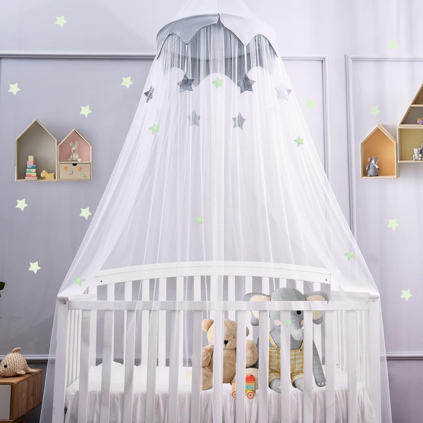 Canopy for Kids Bed with Stars, Crib Canopy with Dome, Elegant Net Hanging Fairy Girl Bed Canopy Princess Room Decoration Reading Nook Corner Curtain Fits Full Crib, Twin, Queen Play Castle Tent