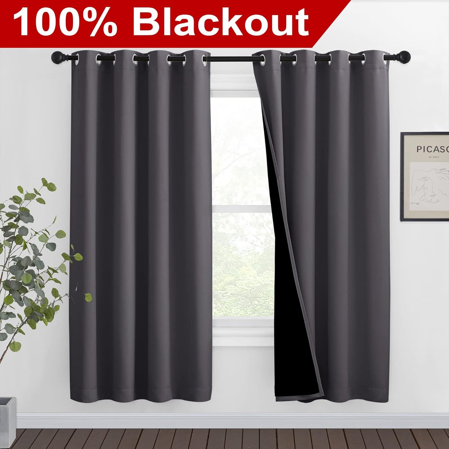 NICETOWN Grey Full Shade Curtain Panels, Pair of Thermal Insulated & Energy Efficiency Blackout Curtains for Living Room Windows, Lined Silky Performance Window Dressing (46" Wide x 72" Long, Gray)