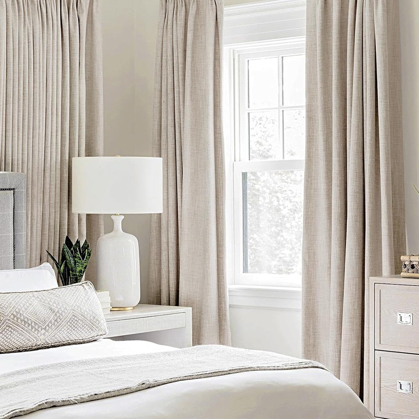 MIULEE Linen Textured Curtains for Bedroom Solid 100% Blackout Thermal Insulated Natural Grommet Room Darkening Curtains & Drapes Luxury Decor for Living Room Nursery 52 x 63 Inch (2 Panels)