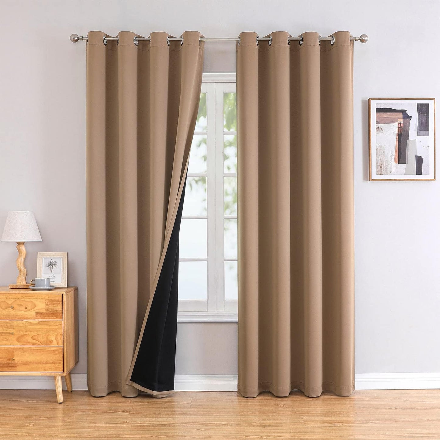 ChrisDowa 100% Blackout Curtains for Bedroom with Black Liner, 2 Thick Layers Total Blackout Thermal Insulated Grommet Window Curtains 2 Panels Set (Cappuccino, 52 x 84 Inch)