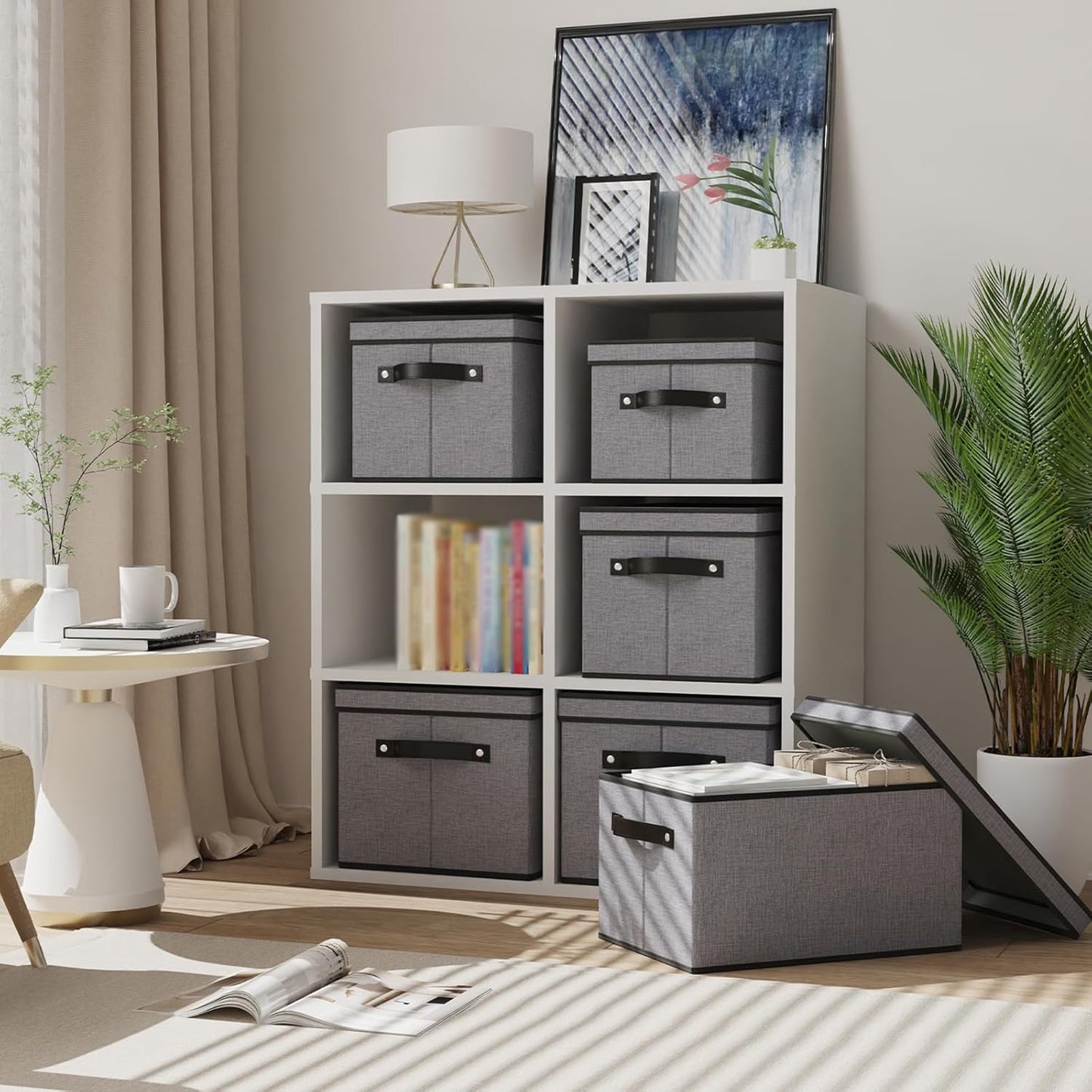 Clothing Storage Bins, Blanket Baskets for Shelves, Fabric Cubes with Handles and Lids, Decorative Linen Closet Organizers Boxes, Gray, 5 Pack, 16.5 x 11.8 x 10.2 Inch