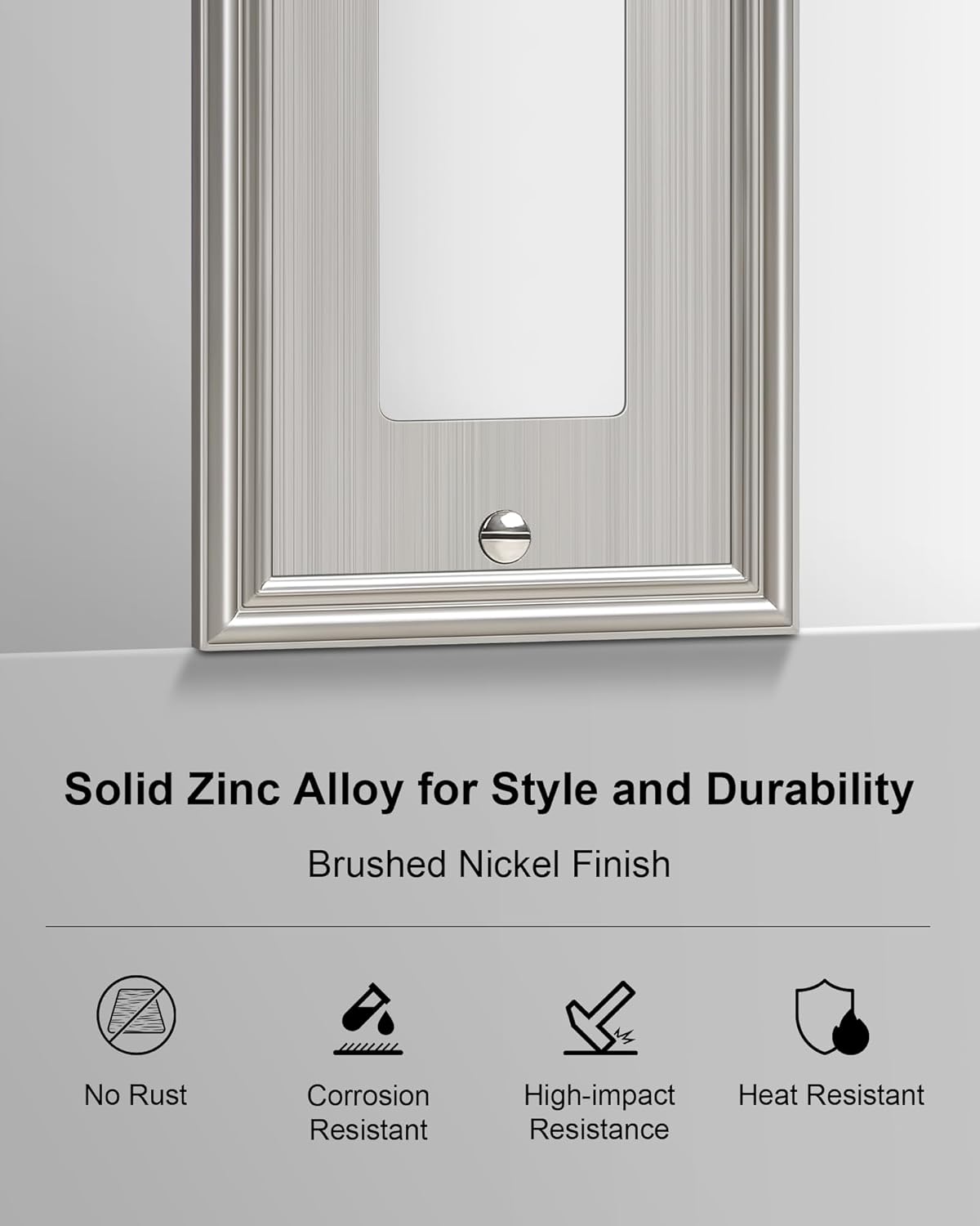 6-Pack Decorator Outlet Cover Plate, Brushed Nickel Decorative Switch Plates and Outlet Covers, Durable Zinc Alloy Wall Plates for Electrical Outlets, Receptacle, GFCI Outlet, Dimmer Switch