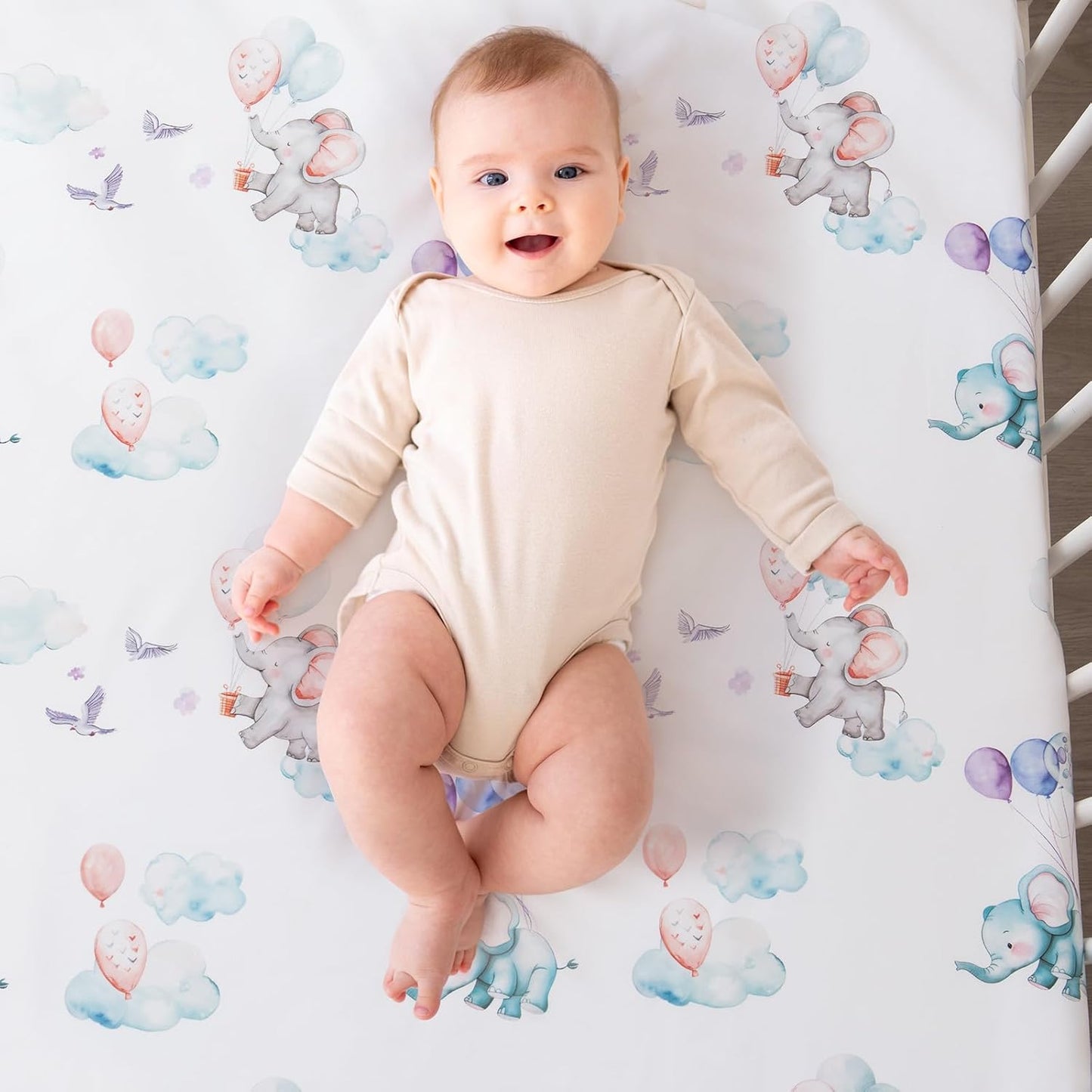 4 Piece Crib Bedding Set for Boys Girls, Infant Toddler Nursery Baby Bedding Sets Includes Cartoon Quilt, Fitted Crib Sheet, Crib Skirt and Plush Elephant Toy