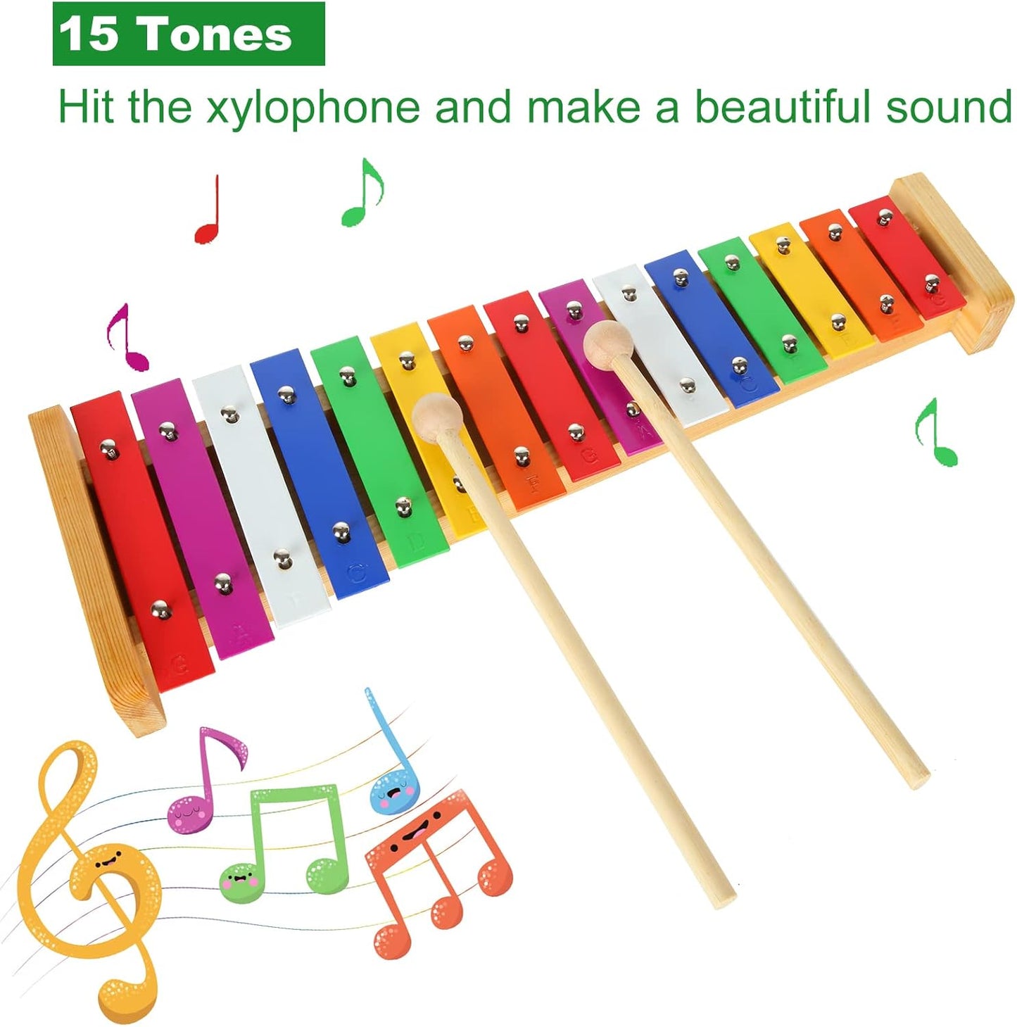 15 Tone Xylophone Glockenspiel Colorful Wooden Xylophone Xilofono Instrument with 2 Mallets for Beginner