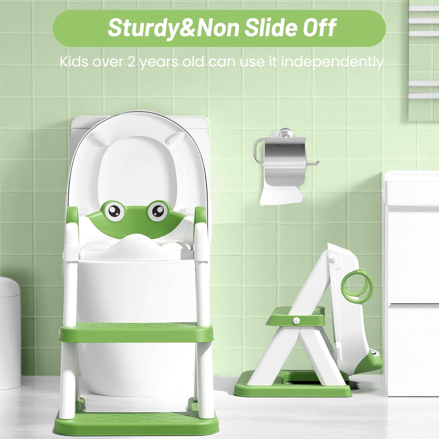 Frog Potty Training Seat, Upgrade Toddler Toilet Seat for Kids Boys Girls, 2 in 1 Potty Training Toilet for Kids, Splash Guard Anti-Slip Pad Step Stool