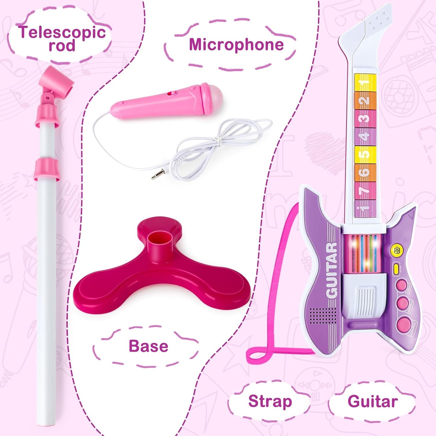 deAO Kids Guitar and Microphone Set with Stand Adjustable Height Music Light Karaoke Music Toys Christmas Birthday Gift for Kids Boys Girls (Purple)