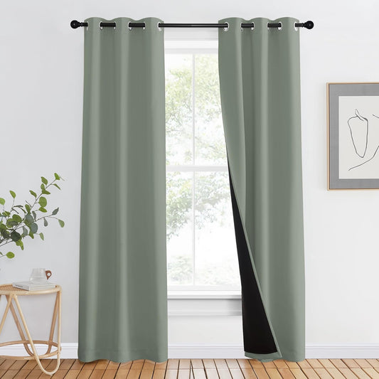 NICETOWN 100% Blackout Window Curtain Panels, Heat and Full Light Blocking Drapes with Black Liner for Nursery, 80" Drop Thermal Insulated Draperies (Greyish Green, 2 Pieces, 37" Wide Each Panel)