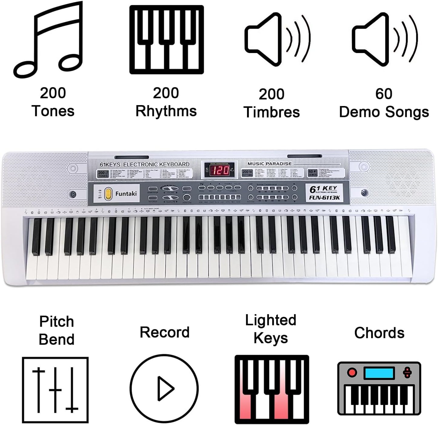61 Key Electric Piano Keyboard with Lighted Keys, Digital Portable Keyboards with Sheet Music Stand, Mini Music Keyboard Pianos for Beginners Kids Adults, White