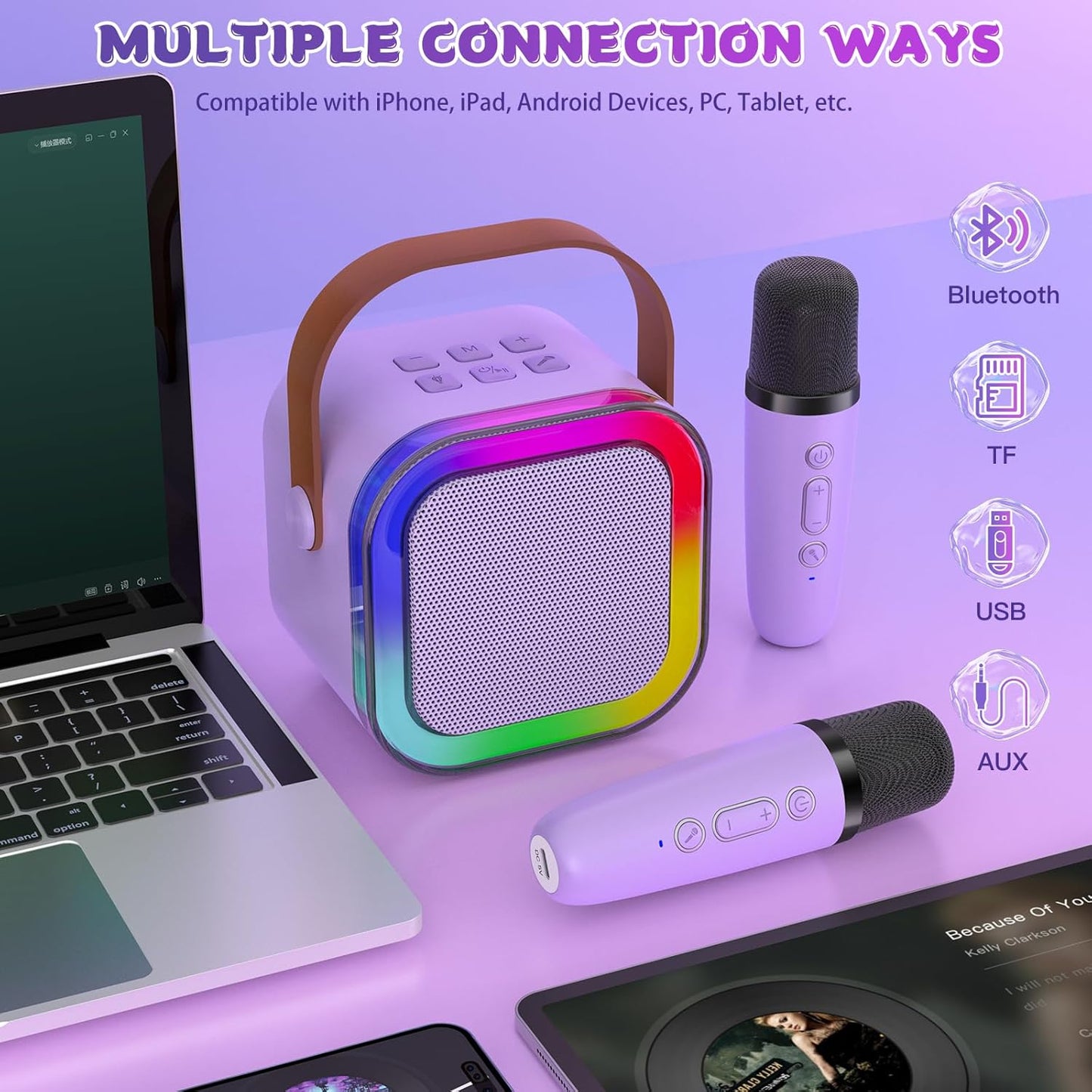 Mini Karaoke Machine for Kids, Haomuren Portable Speaker with 2 Wireless Microphones, Christmas Birthday Gifts Girl Singing Karaoke Machine for 3-12+ Year Old, 2025 Karaoke Gifts for Girls (Purple)