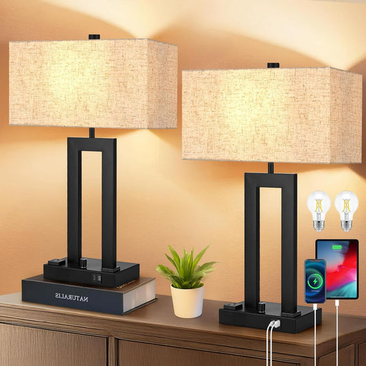 Modern Table Lamps Set of 2-22" Tall Bedside Lamps with USB-C/USB-A Charge Ports & Outlet, Stepless Dimmable Fabric Cream Shade Nightstand Lamps for Bedroom & Living Room