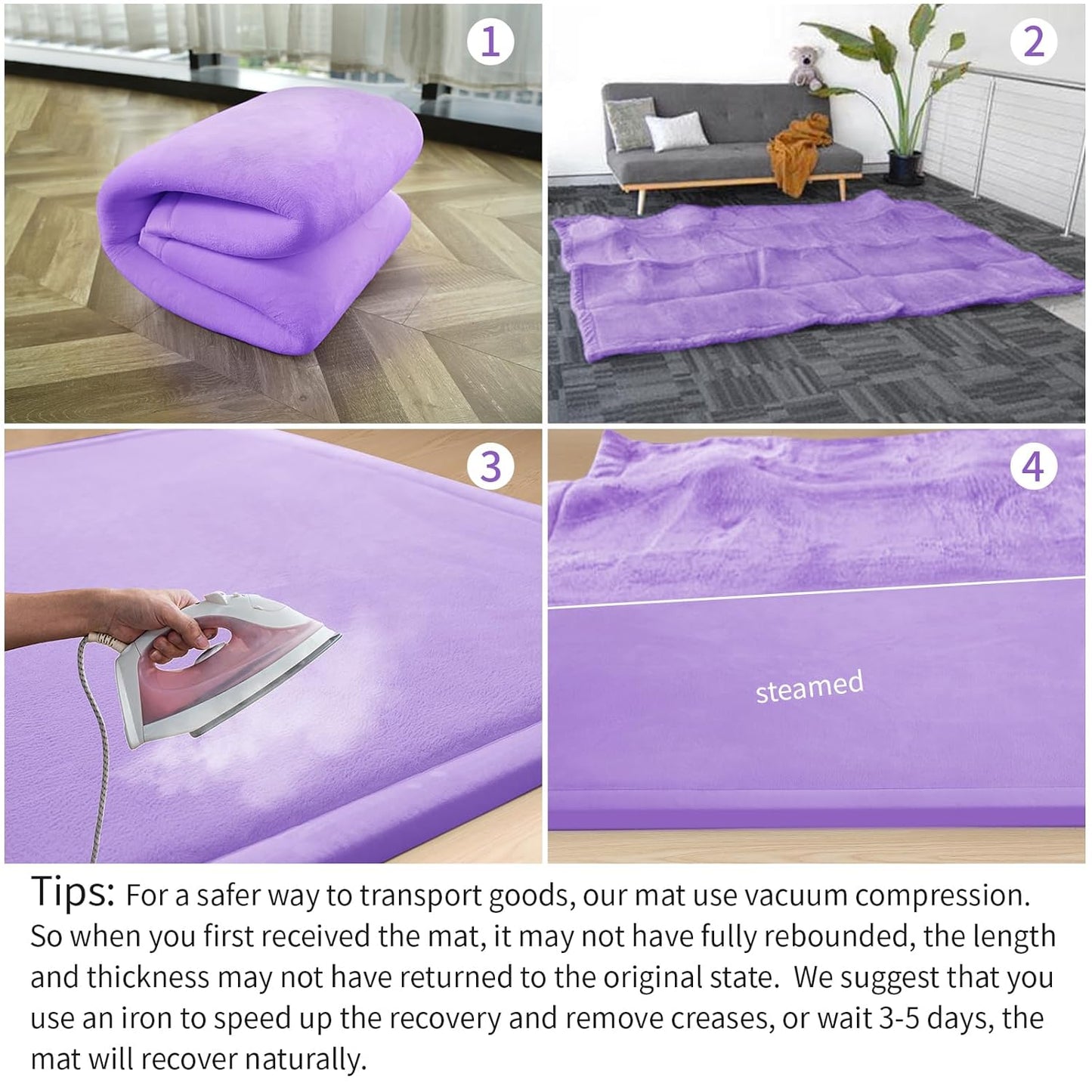 Play Mat for Babies Toddlers,1.3" Thick Elasti-Foam Anti-Fall Cushion Mat for Kids Room,28×72 Bedroom Bedside Rugs,Water-Repellent Soft Coral Velvet(Lavender)