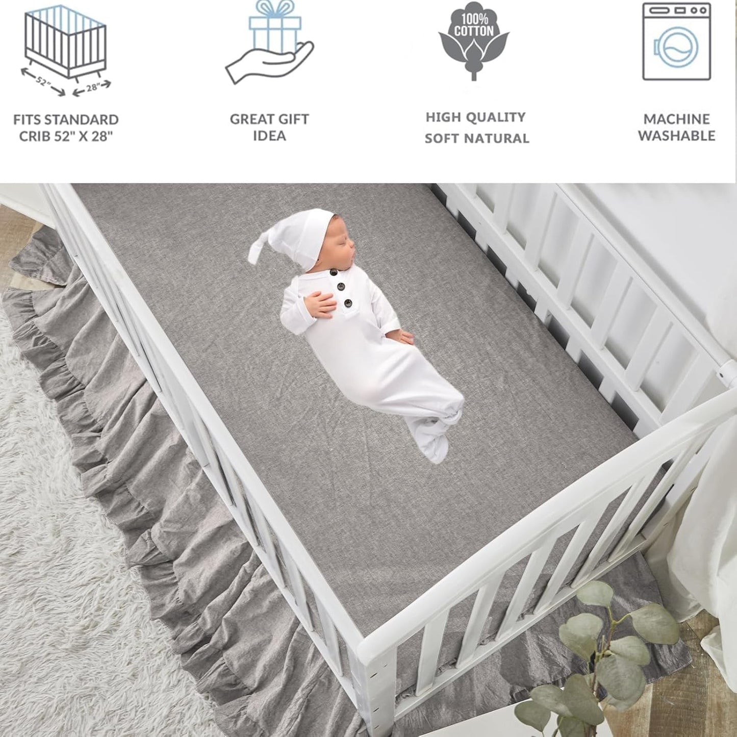 Brandream Baby Crib Bedding Set for Girls Boys Gender Neutral Boho Bohemian Farmhouse Chic Ruffle 6-Piece Nursery Bedding Set - 100% Washed Cotton Gray Grey