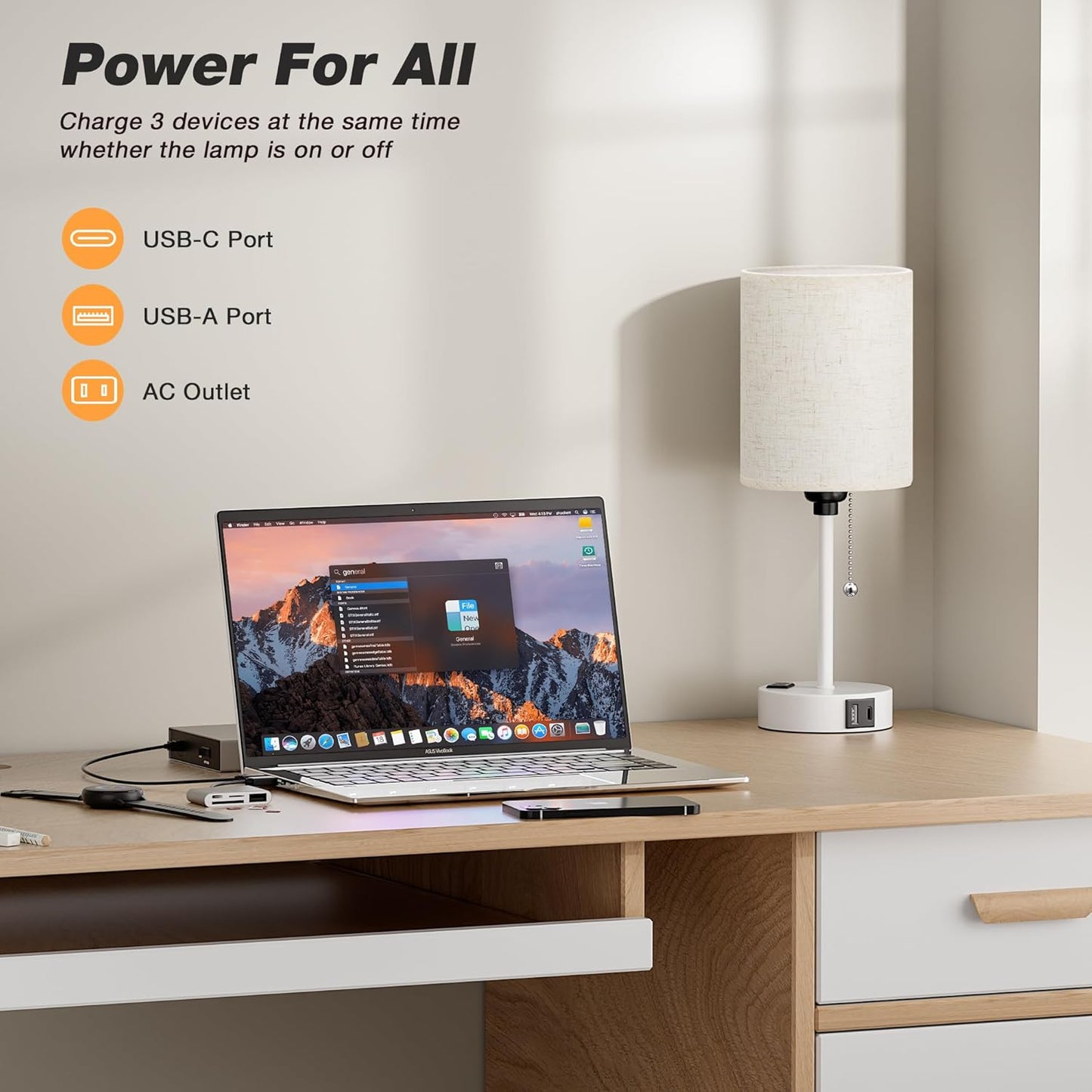 Small Bedside Lamp for Bedroom Nightstand - 2700K 3500K 5000K Bedside Lamps with USB C and A Ports, Pull Chain Table Lamps with AC Outlet, Nightstand Lamps with White Metal Base for Kids Reading