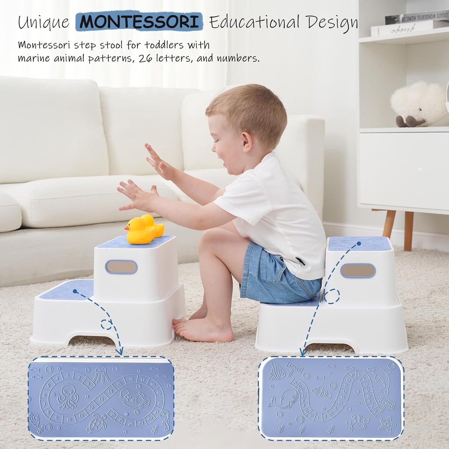 Blue Toddler Step Stool for Bathroom Sink, 2 Step Stool for Kids Kitchen Sink, Heavy Duty Stepping Stool for Toddlers Toilet Potty Training (2 Pack, White-Blue)