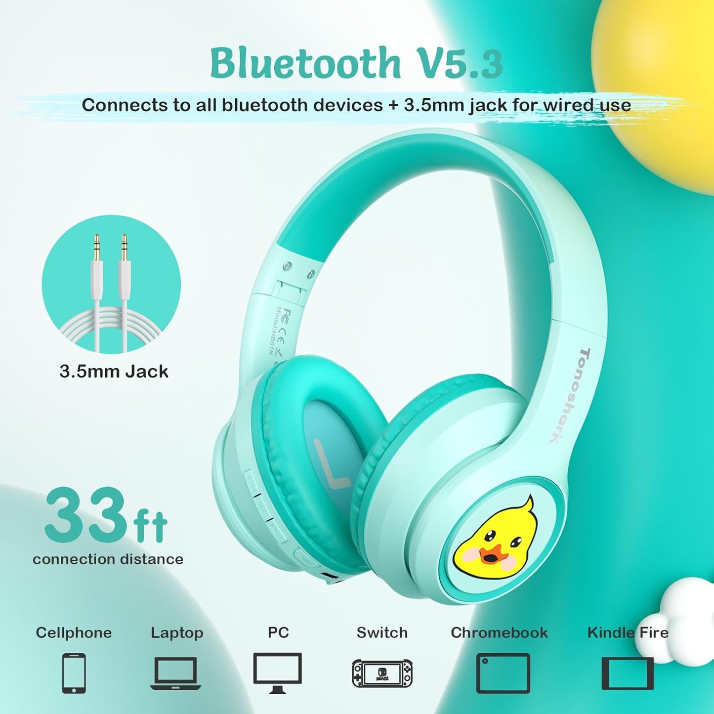 Active Noise Cancelling Kids Headphones, 60H Playtime, Wireless Bluetooth Over-Ear Headset, Built-in Microphone for Home/School/Travel/Party - Includes Portable Case