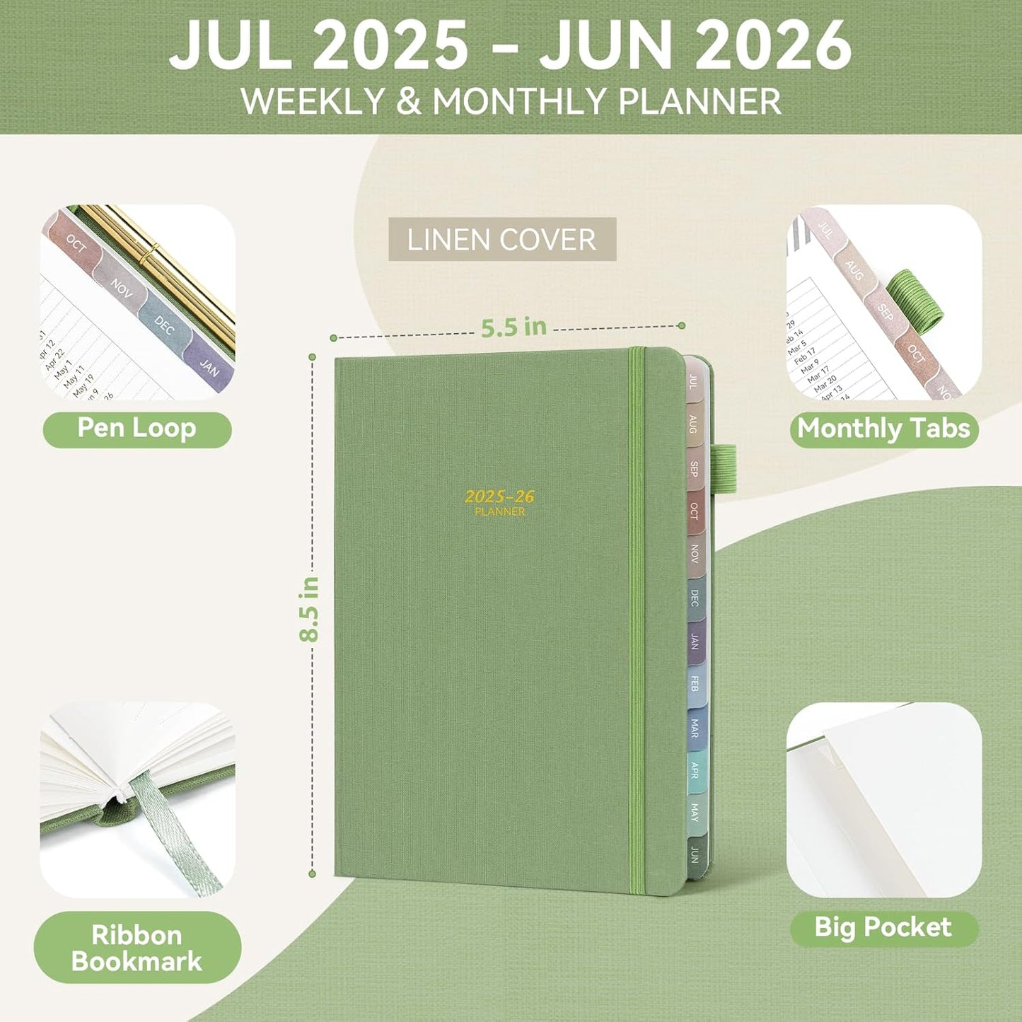Getink 2025-2026 Linen cover Planner Weekly & Monthly Daily Agenda Book,2025-2026 To Do List Notebook with Colorful Monthly Tabs, Inner Pocket, Elastic Closure (Green,5.5 * 8.5)