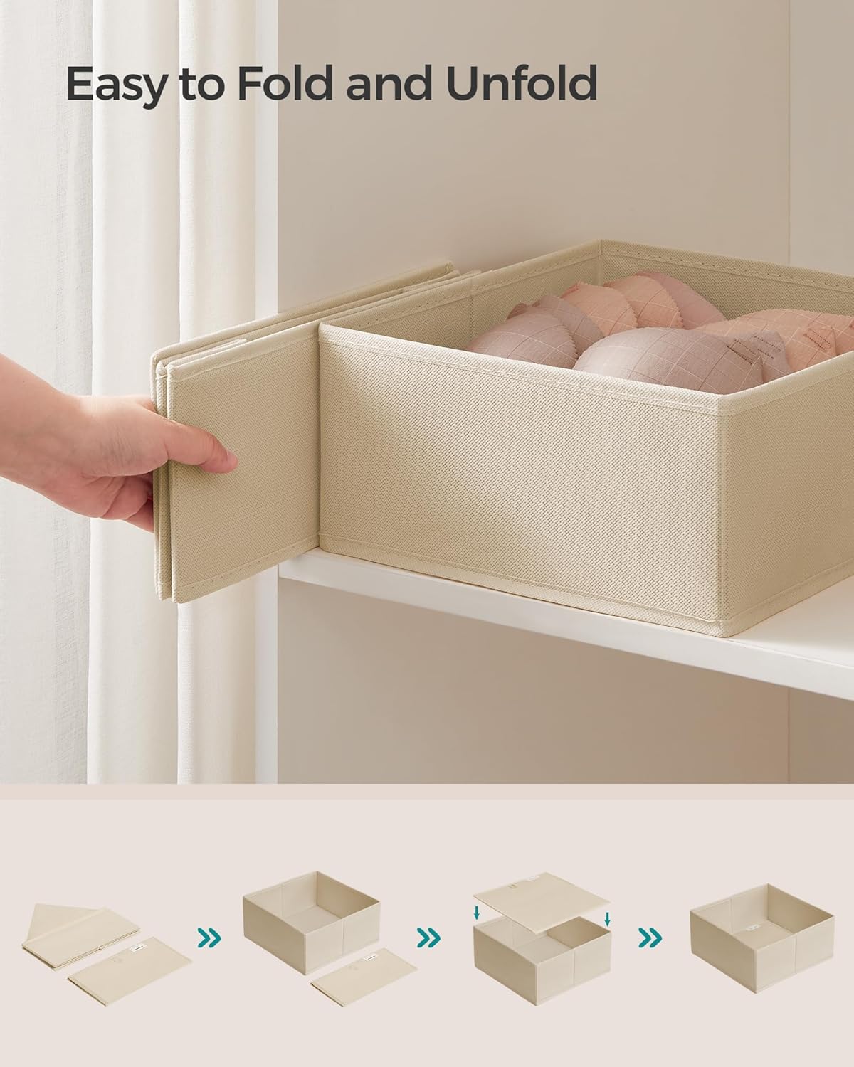 SONGMICS Drawer Organizers, Dresser Divider Organizers, Set of 12, Foldable Fabric Storage Boxes for Socks, Underwear, Bras, Ties, Scarves, Summer Sand URDZ006Y02