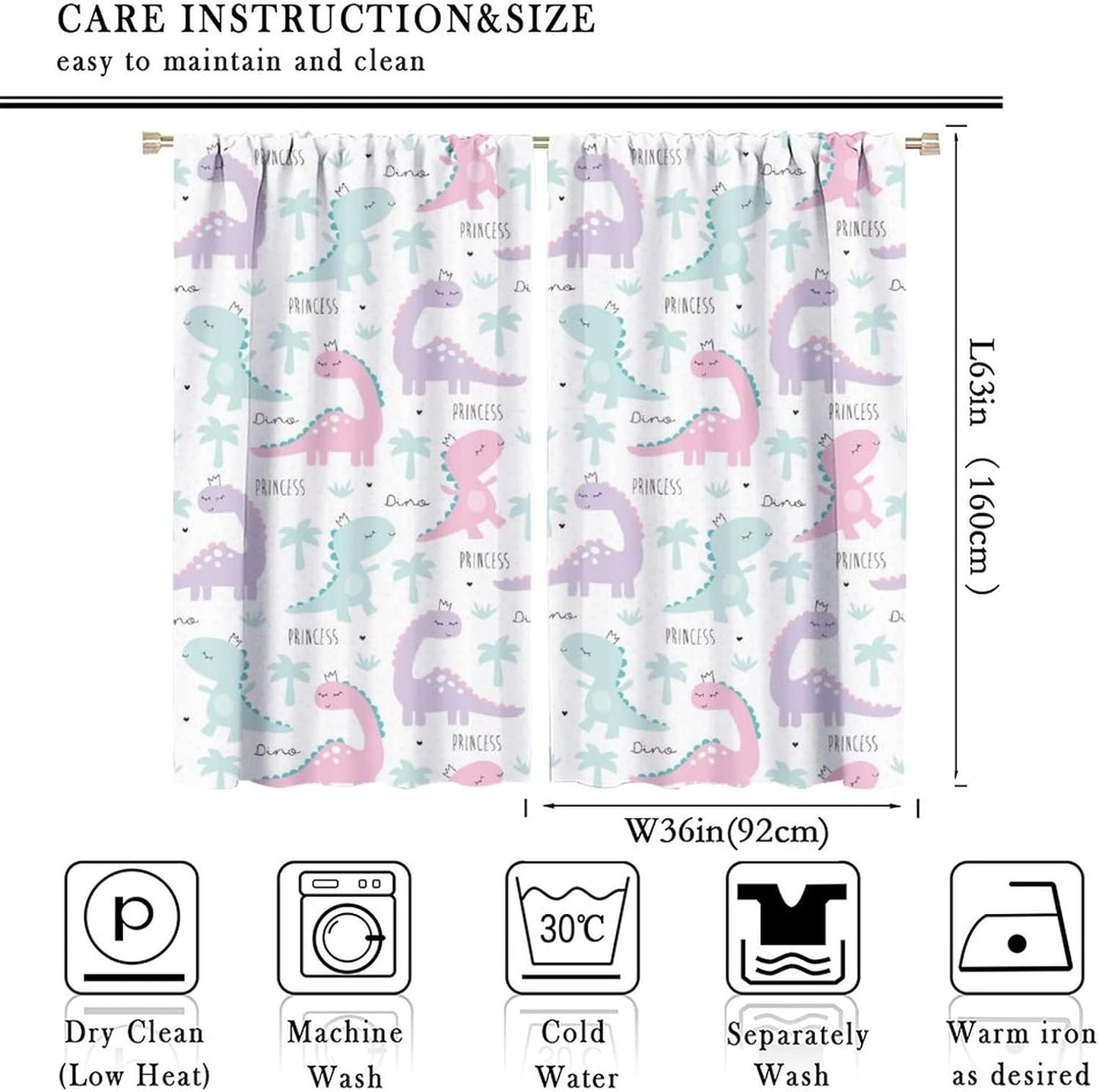 Kids Dinosaur Curtains for Boys Girls Bedroom Decor Cartoon Dino Colorful Cute Funny Animal Wildlife Printed Blackout Rod Pocket Window Drapes for Baby Nursery Playroom W36xL63in 2 Panels