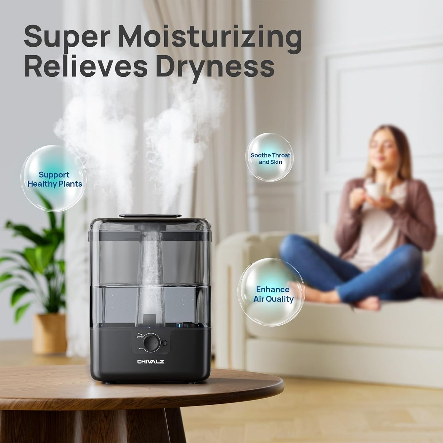 CHIVALZ 6L Humidifiers for Bedroom Large Room Home, Cool Mist Top Fill Humidifiers for Baby Nursery and Plants, 26dB Quiet, Nightlight, Up to 50 Hours, Oil Diffuser 1 Pack + 2 Mist Outlets Black