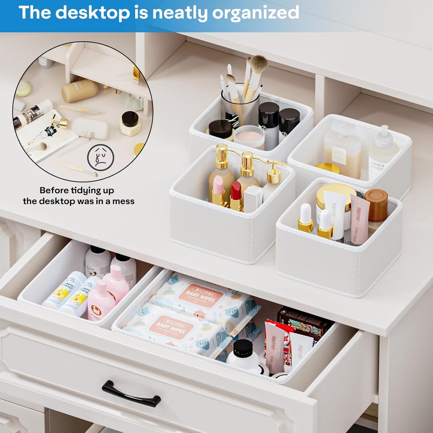 Vegan Leather Drawer Organizers,16 Pack Makeup Storage boxes,Vanity Drawer Luxury upgrade,Bedroom fabric Drawers replacement,bathroom organization and storage Optimal solution