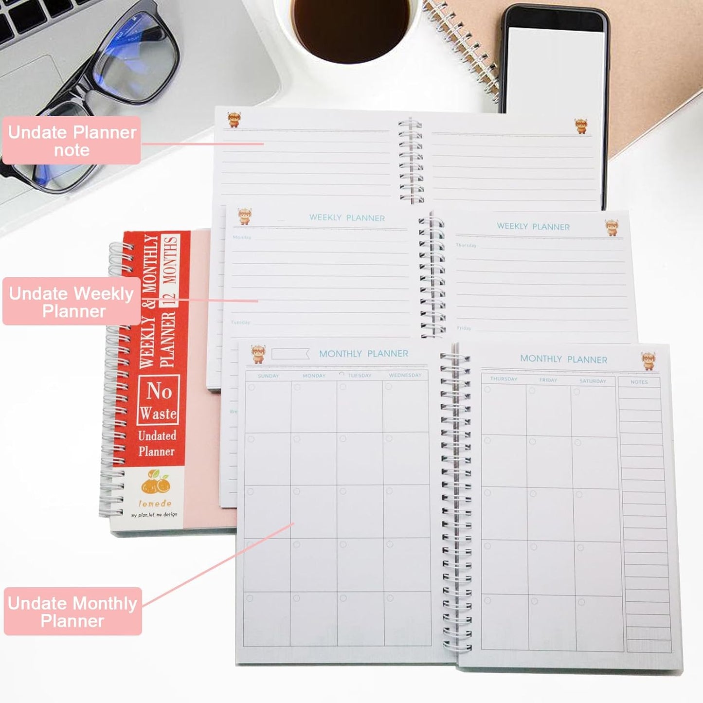 LEMEDE No Waste 12 Months Undated Planner Weekly and Monthly Planner, Weekly To Do List Notepad with Storage Pocket, A5 Undated Planners for Women & Men, Home Office Desk Accessories and Supplies