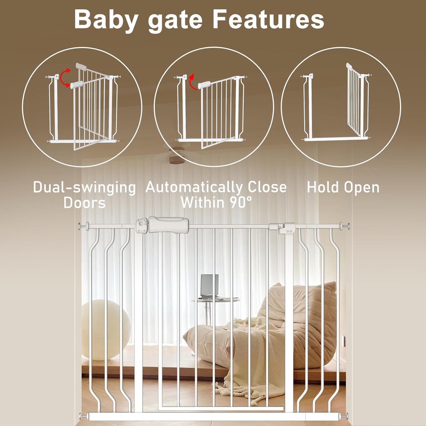 ALLAIBB Extra Wide Baby Gate Pressure Mount with Auto-Close, White Metal Safety Gate for Stairs & Doorways - Child Proof, Pet Barrier for Hallways, Kitchen, Living Room for 48.03-52.76 inch