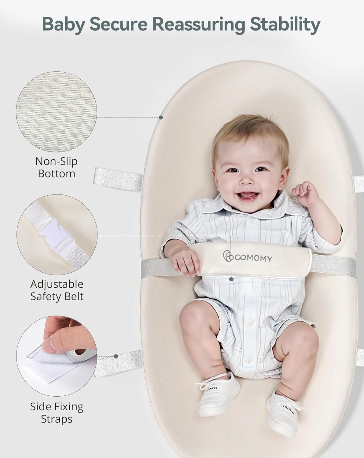 COMOMY Baby Changing Pad with Wipeable & Waterproof PU Cover, Contoured Diaper Changing Pad for Dresser with Non-Slip Safety Belt, Portable and Lightweight, Large Cushioned Foam, Beige