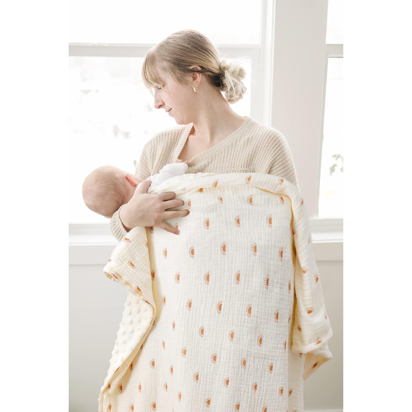 Konssy Baby Blankets for Unisex Boys Girls, Super Soft Nursery Minky Blankets with Muslin Cotton Front and Dotted Fleece Backing, Printed Bed Throws Newborn