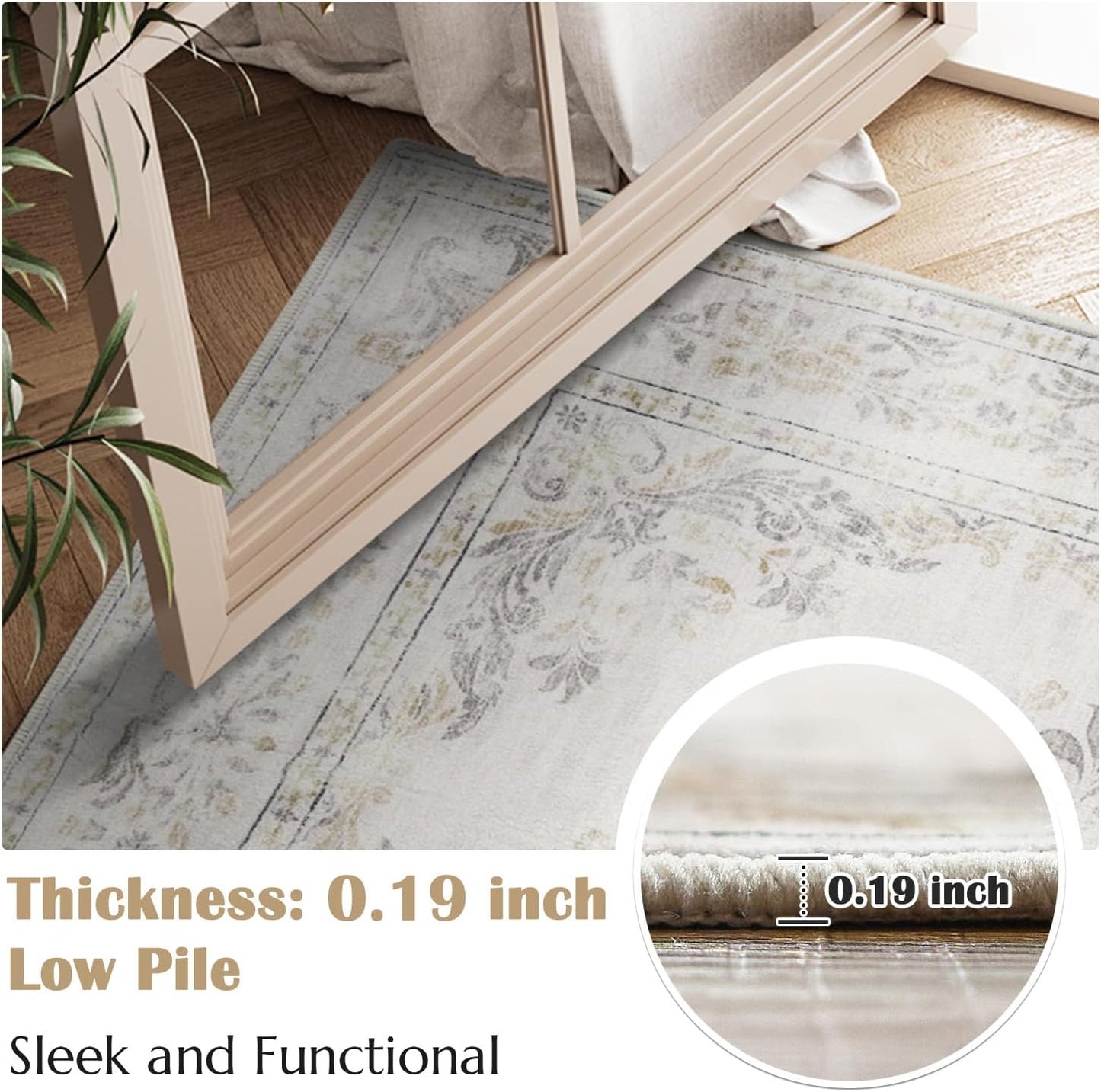 jinchan Vintage Floral Runner Rug 2x5 - Machine Washable Distressed Design Non-Slip Low-Pile Soft Thin Carpet for Hallway Kitchen Farmhouse Bedroom Entryway Laundry Room (2x5ft,Light Grey)