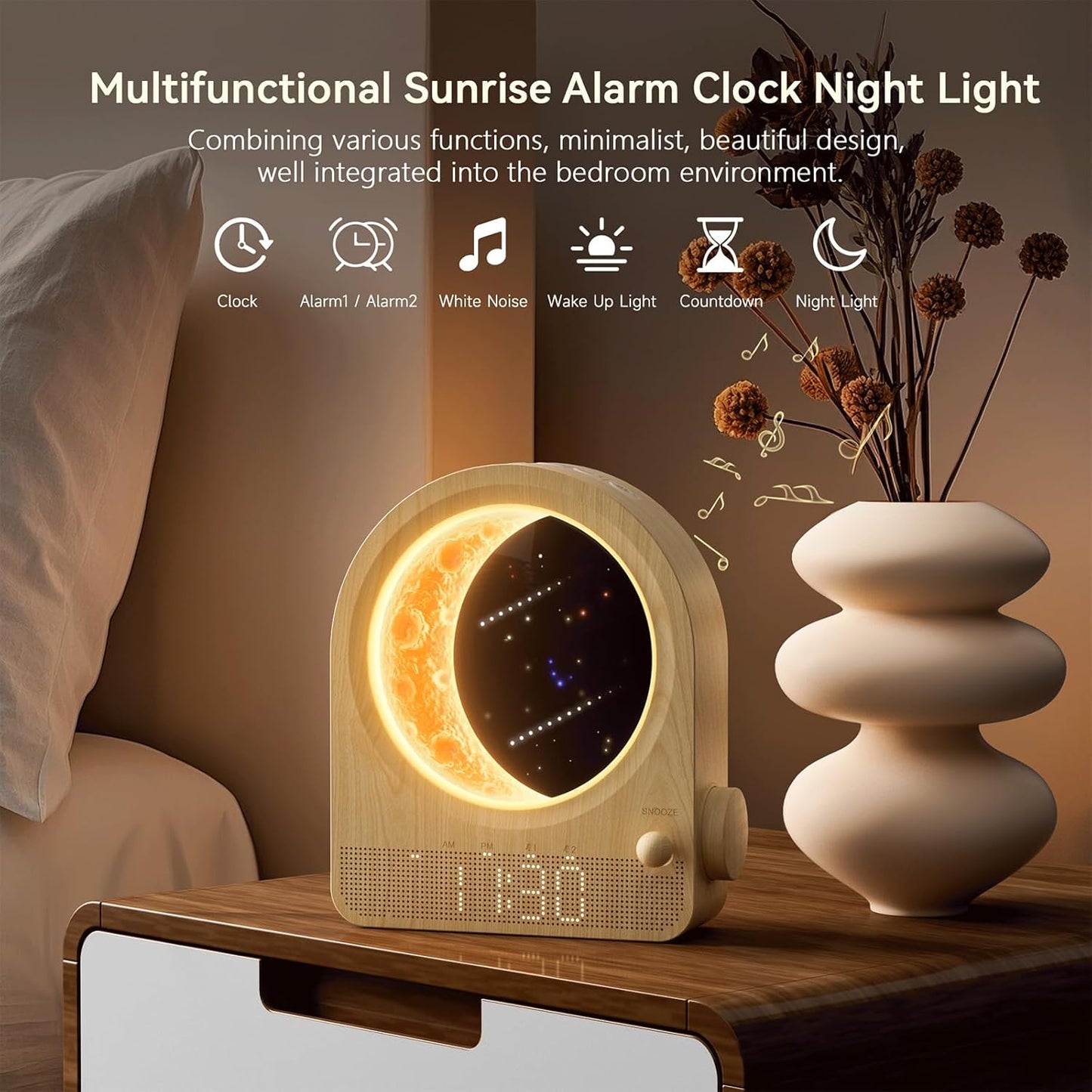 Sunrise Alarm Clocks for Bedrooms, Stepless Dimmable Moon Lamp Dual Alarm Clock Wake Up Light with 12Levels Volume for Heavy Sleepers, 10 Natural Sounds with 30/60/90min Timer Night Light