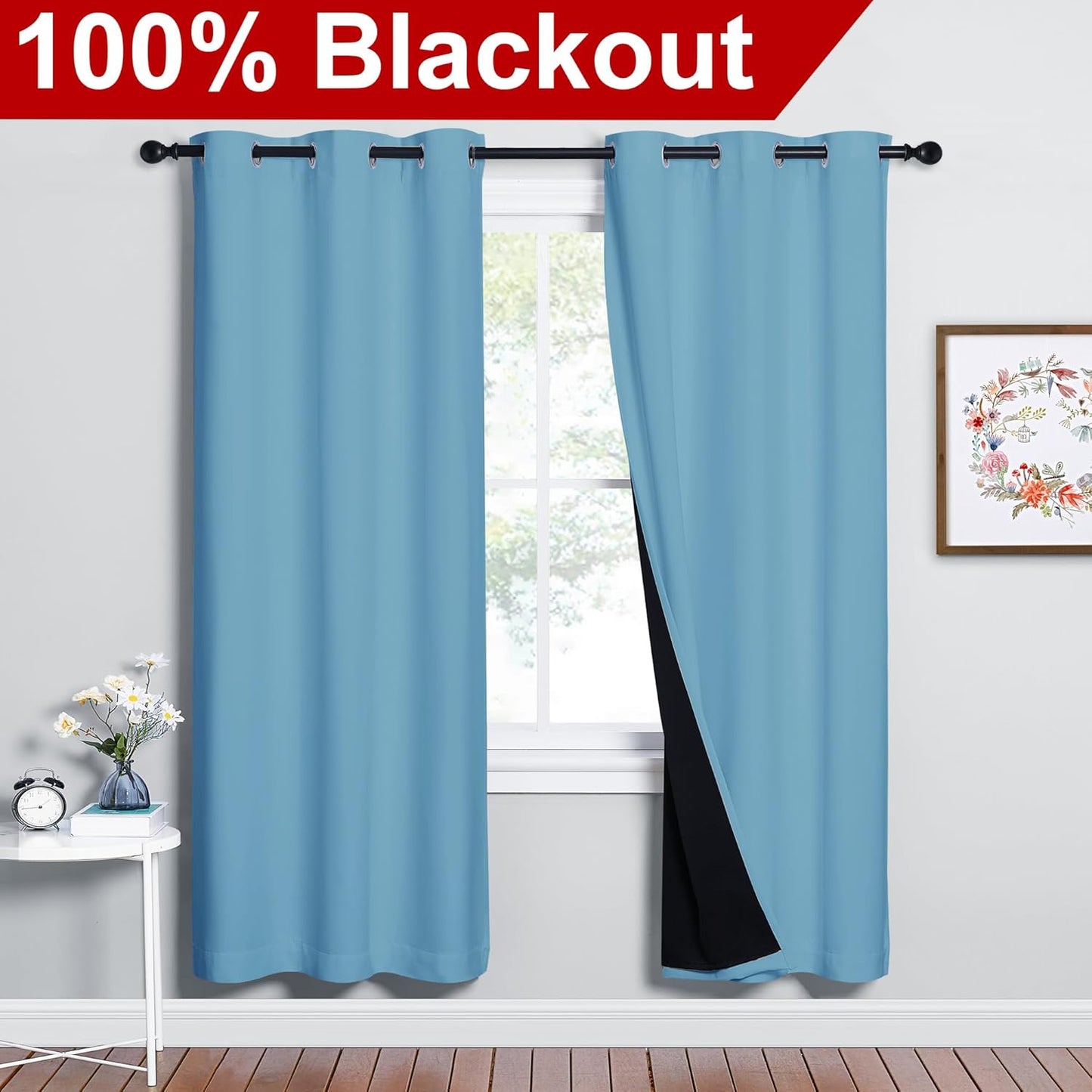 NICETOWN Teal Blue Full Shade Curtain Panels, 37" Wide x 70" Long, Teal Blue, Pair of Thermal Insulated & Energy Efficiency Blackout Drapes for Living Room, Lined Silky Performance Window Dressing