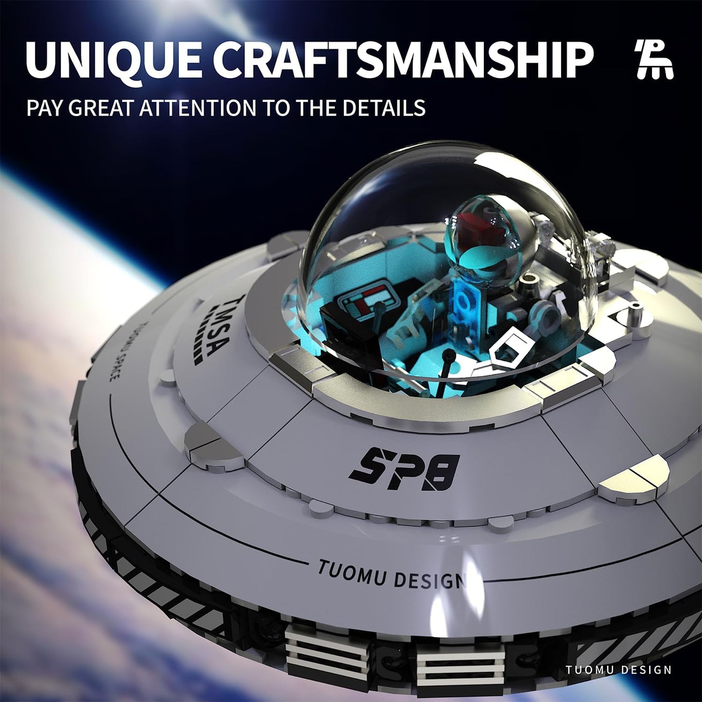 UFO Spaceship Building Block Set, Creative Milky UFO&Alien Building Set, Interstellar Spaceraft Brick Set, Dual LED Lights and Transparent Base, Model for UFO Lover Collection,Gifts for Ages 8+