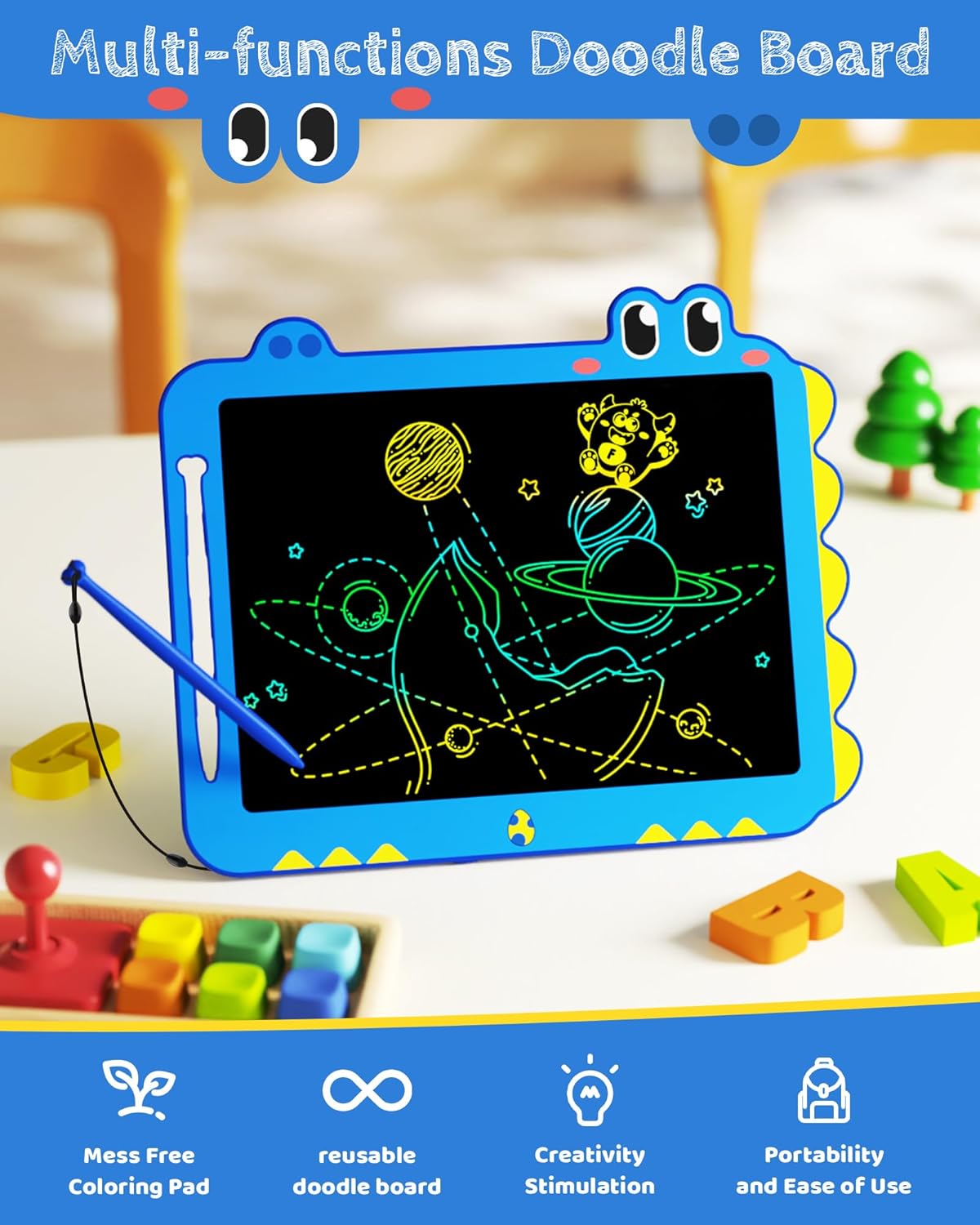 TEKFUN LCD Writing Tablet for Kids, 12 Inch Doodle Board for Toddlers, Colorful Drawing Tablet, Reusable Electronic Pads Educational and Learning Toys Gifts for 3-13 Year Old Boy and Girl (Blue)