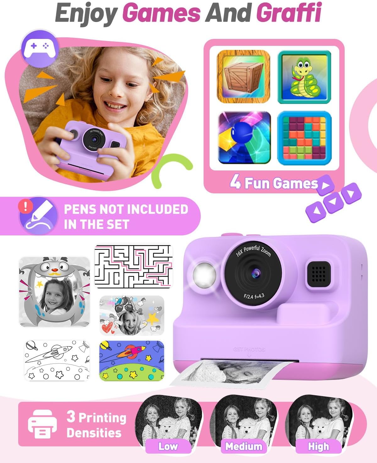 Instant Print Camera for Kids, Christmas Birthday Gifts for 3-12 Year Old Girls Boys, 2.4in Screen 1080P Video Digital Camera Toys for Kids Age 4 5 6 7 8 9 10 with 3 Rolls Print Paper 32G Card