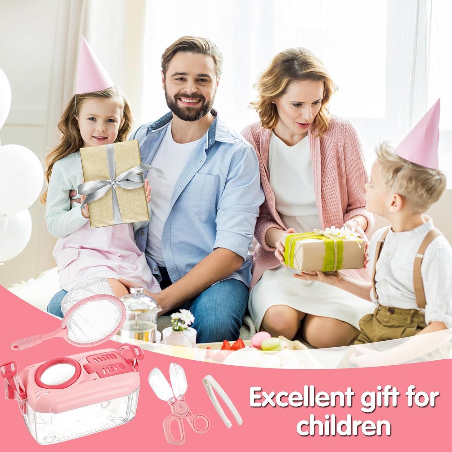 2Sets Bug Catcher for Kids- Sturdy Kids Bug Catching Kit Gifts with Collector Butterfly Net Tweezer, Bugs Habitat Outdoor Explorer Kit for Age 3 4 5 6 7 8, 8Pcs, Pink