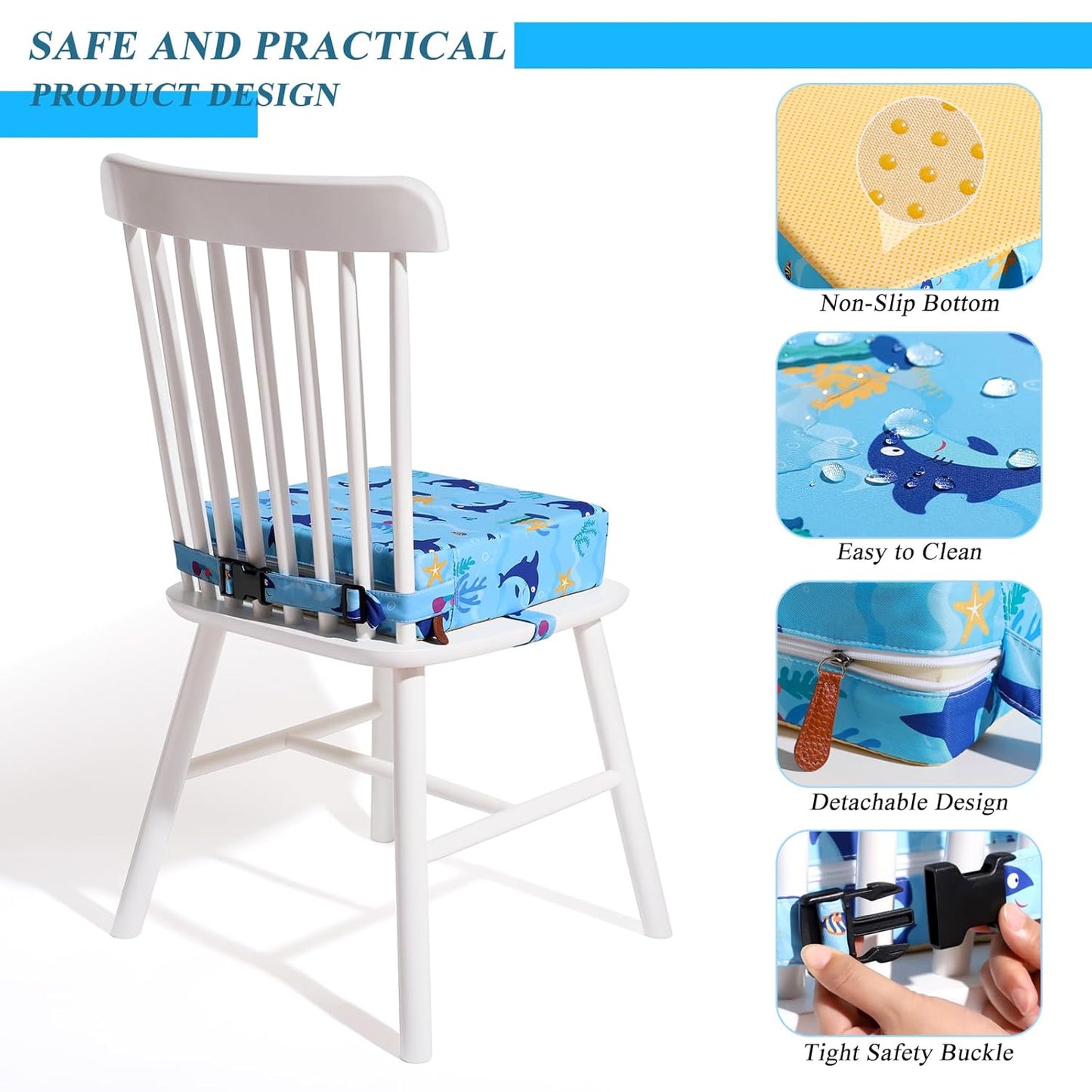 Toddler Booster Seat for Dining Table, Stronger Support Booster Seat for Table Washable 2 Safer Straps Non-Slip Bottom Portable for Kids Baby Increasing Cushion for Travel Home
