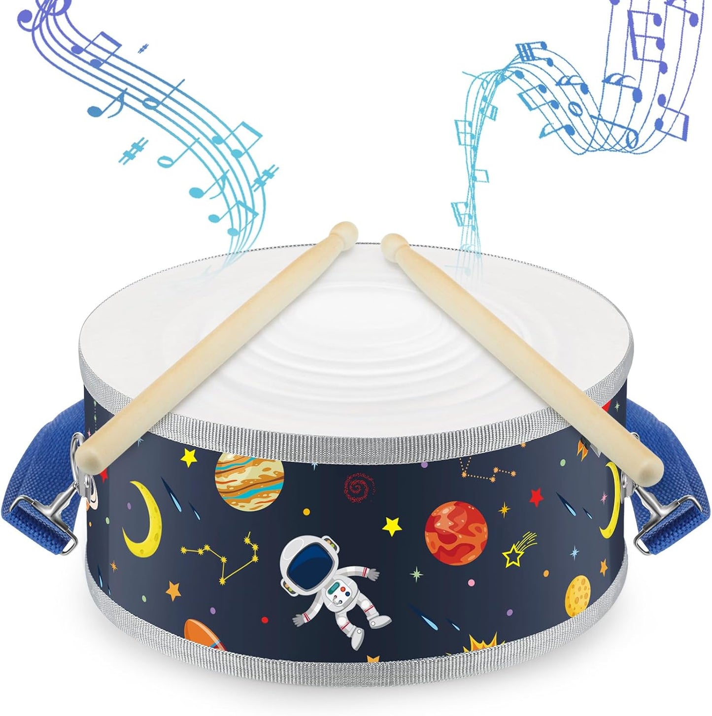 Boao 1 Pc Kids Drum Set, 8 Inch Toddler Drum Wooden Toy with Adjustable Strap and 4 Drumsticks, Educational Sensory Musical Instrument for Toddlers Kid Baby Boys Girls Gift (Space)