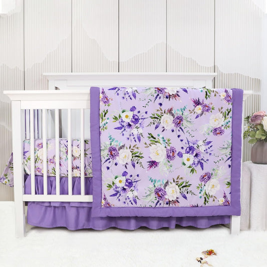 Crib Bedding Set for Girls, Purple Baby Crib Bedding Set 4 Piece, Baby Girl Nursery Bedding Set Including Comforter, Fitted Crib Sheet, Crib Skirt, Diaper Stacker, Floral
