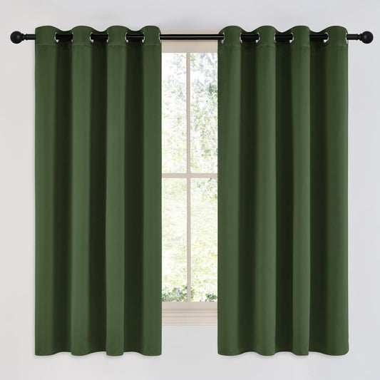 NICETOWN Dark Green Curtains for Bedroom, Grommet Blackout Window Treatments Faux Silk Room Darkening Thermal Window Treatments for Kids Room, 2 Panels, W52 x L63